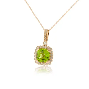 Cushion Cut Peridot & Milgrain Style Diamond Halo Pendant