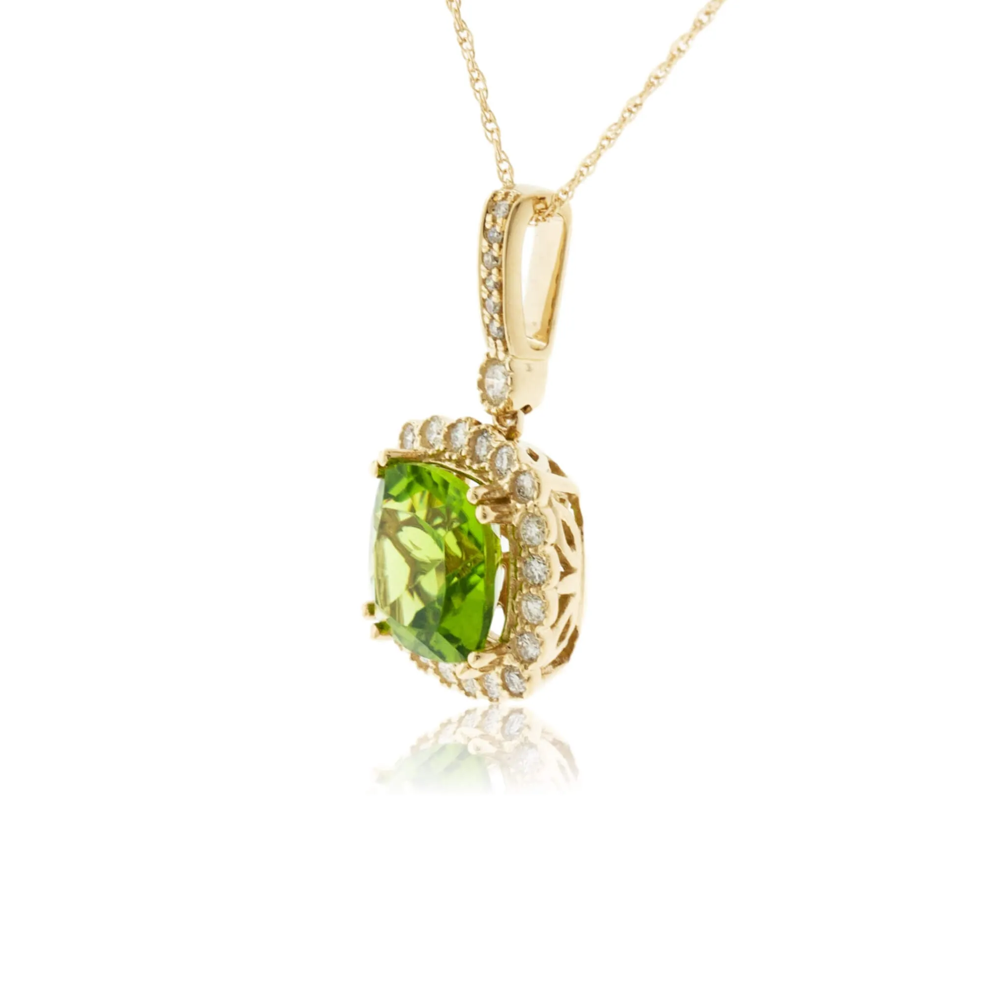 Cushion Cut Peridot & Milgrain Style Diamond Halo Pendant