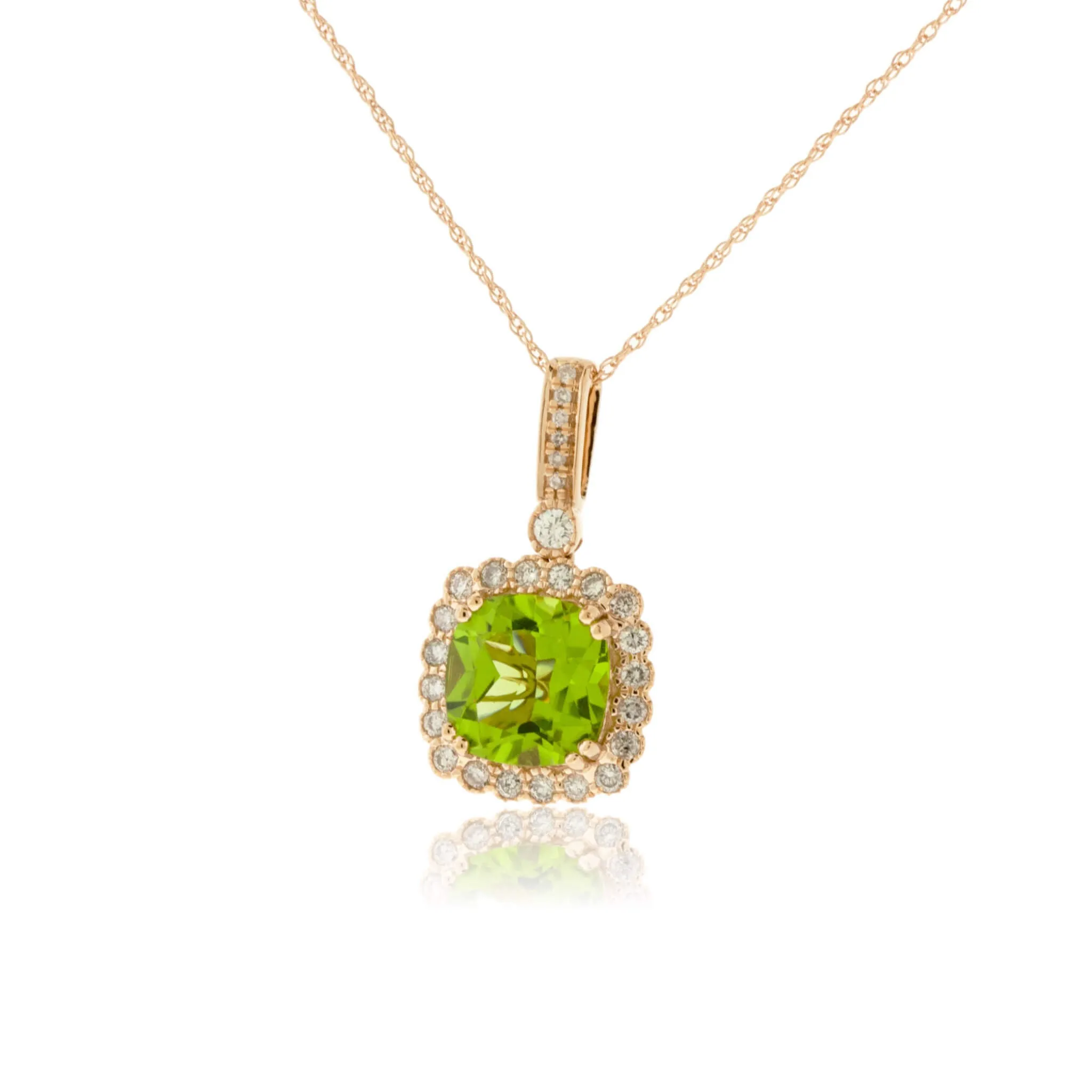 Cushion Cut Peridot & Milgrain Style Diamond Halo Pendant
