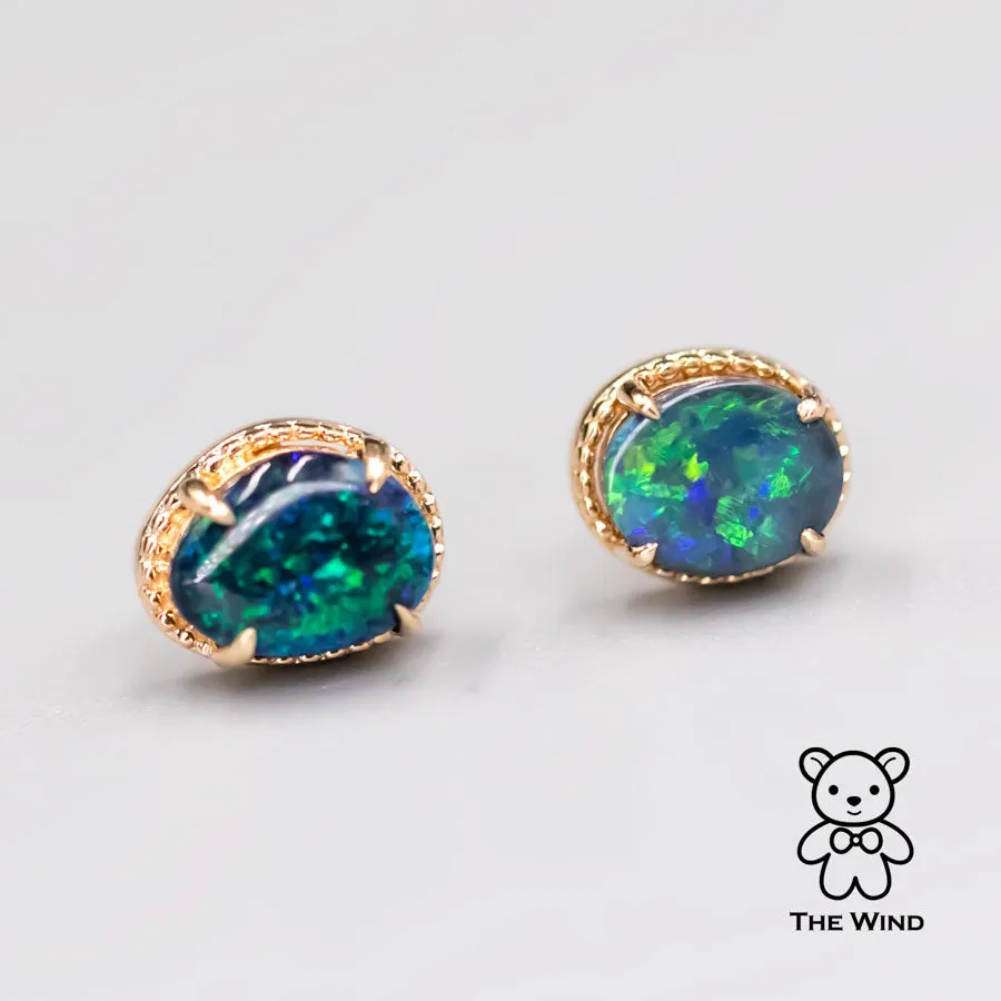 Dark Green Australian Black Opal Stud Earrings 18K Yellow Gold