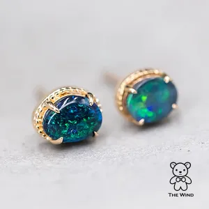 Dark Green Australian Black Opal Stud Earrings 18K Yellow Gold