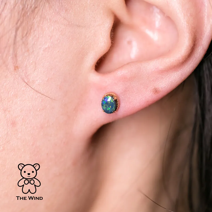 Dark Green Australian Black Opal Stud Earrings 18K Yellow Gold