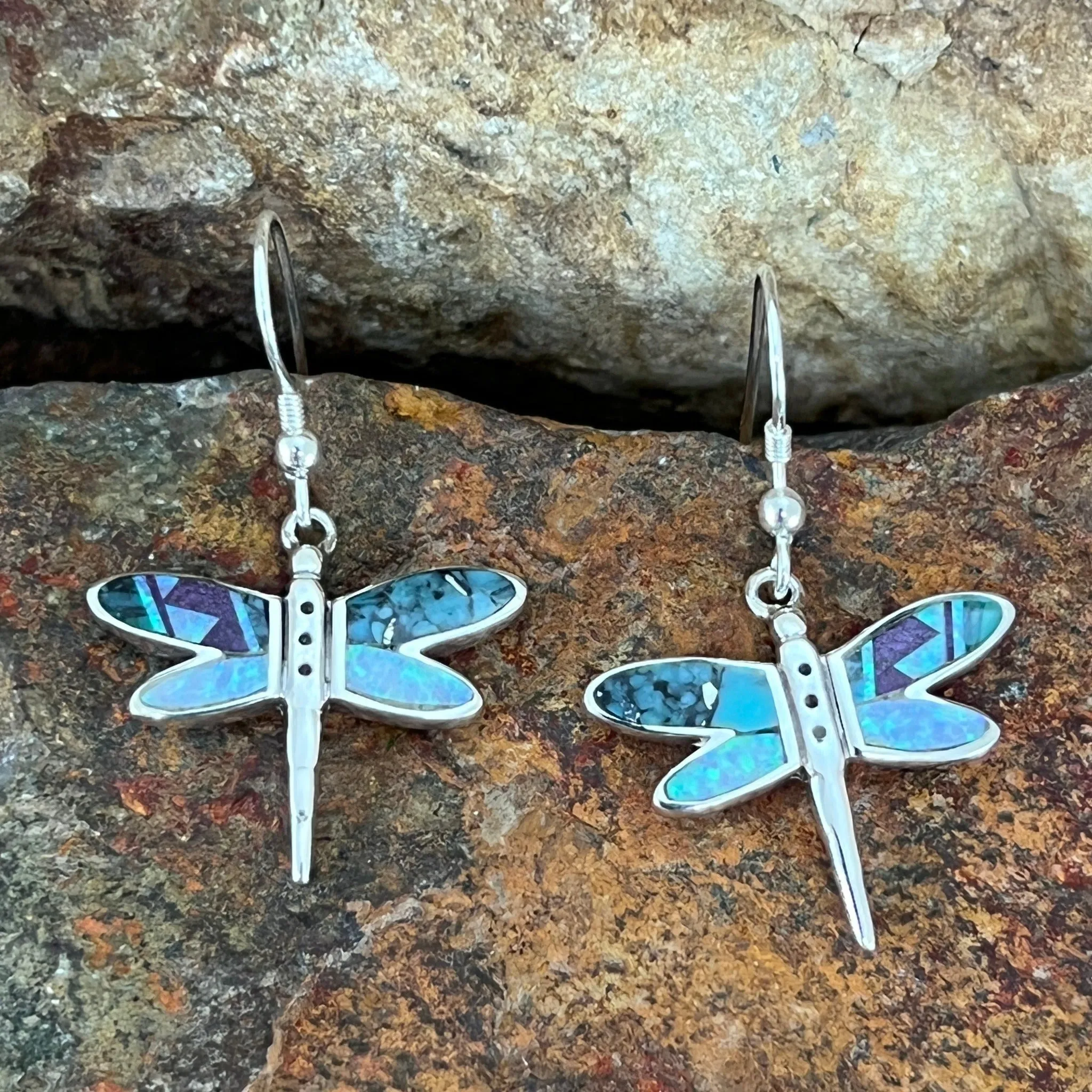 David Rosales Shalako Fancy Inlaid Sterling Silver Earrings Dragonfly