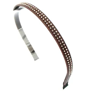 Double Row Gold Ball Stud Leatherette Brown Headband