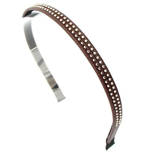 Double Row Gold Ball Stud Leatherette Brown Headband