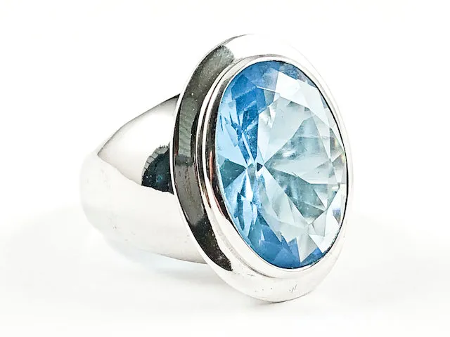 Elegant Simple Oval Shape Detailed Center Aquamarine Color CZ Silver Ring