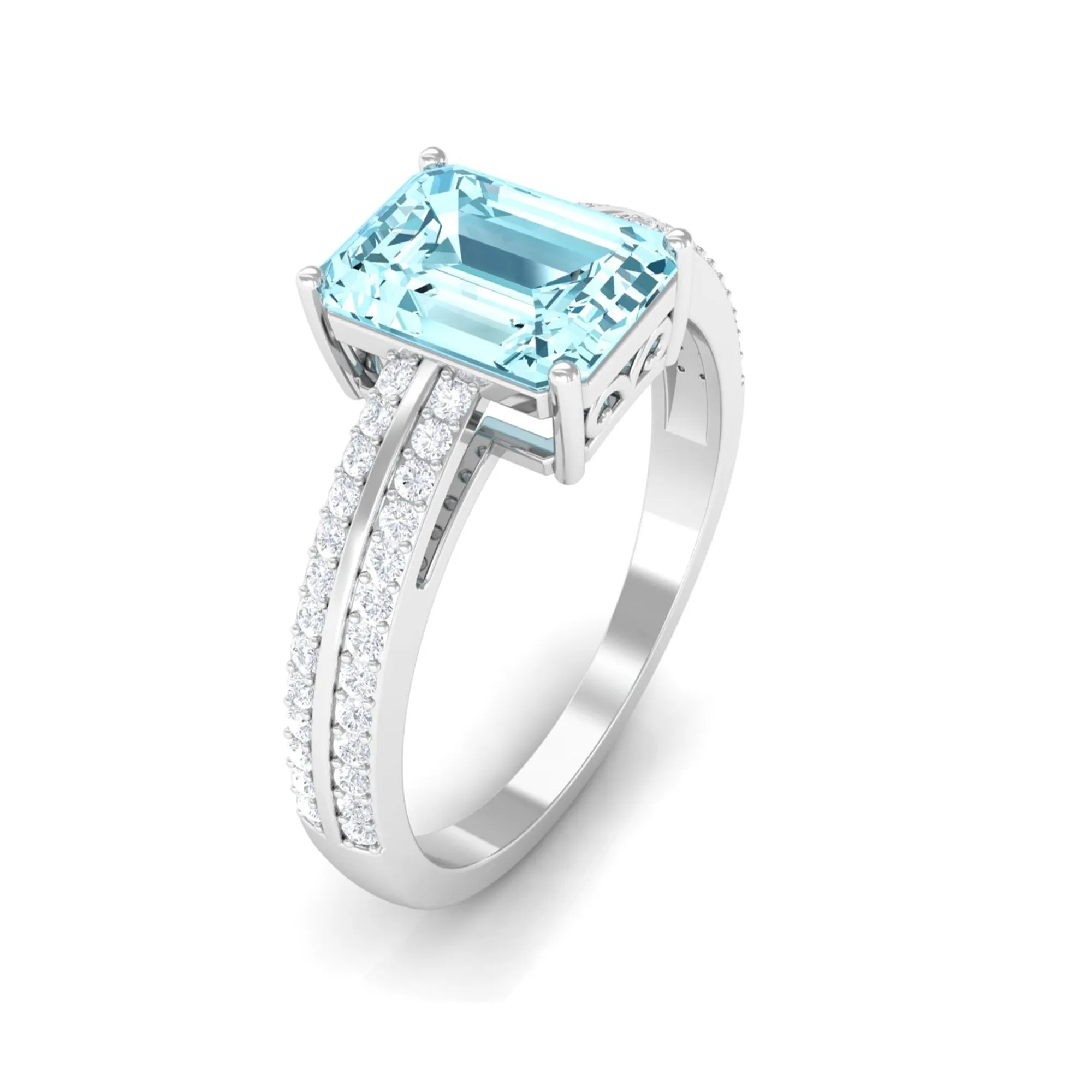 Emerald Cut Aquamarine and Diamond Solitaire Engagement Ring