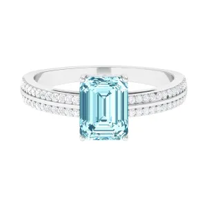 Emerald Cut Aquamarine and Diamond Solitaire Engagement Ring