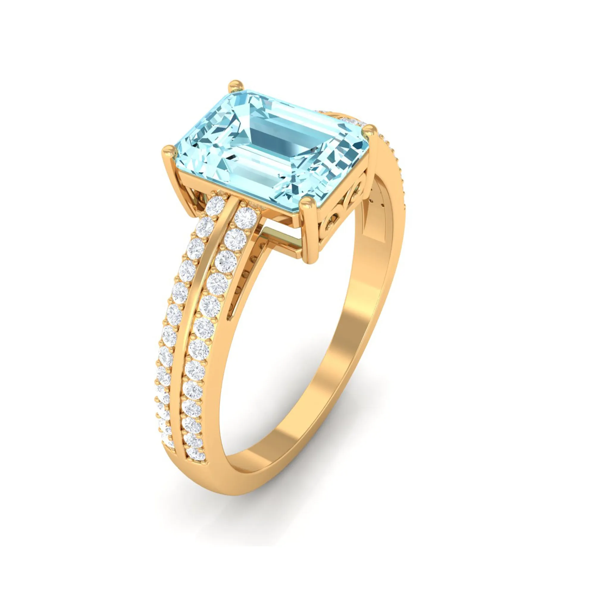 Emerald Cut Aquamarine and Diamond Solitaire Engagement Ring