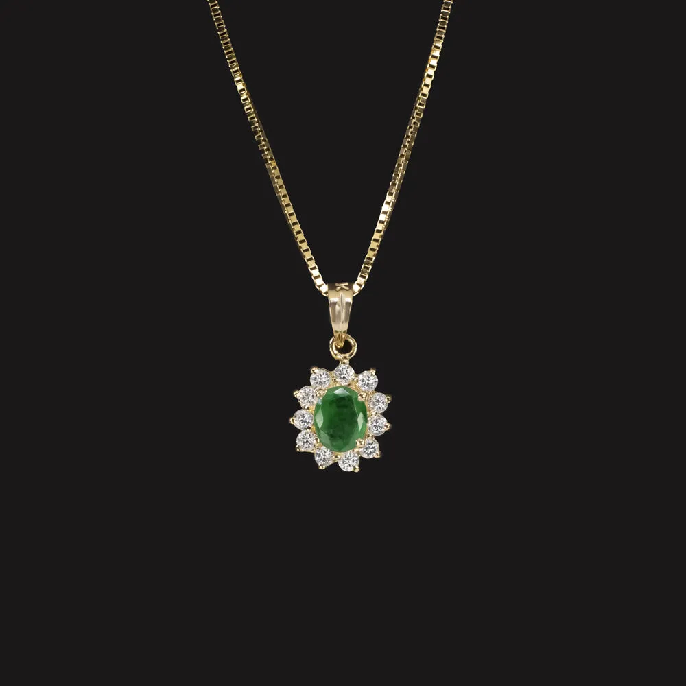 EMERALD DIAMOND PENDANT NECKLACE OVAL SHAPE HALO 14k YELLOW GOLD NATURAL CLASSIC
