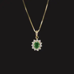EMERALD DIAMOND PENDANT NECKLACE OVAL SHAPE HALO 14k YELLOW GOLD NATURAL CLASSIC
