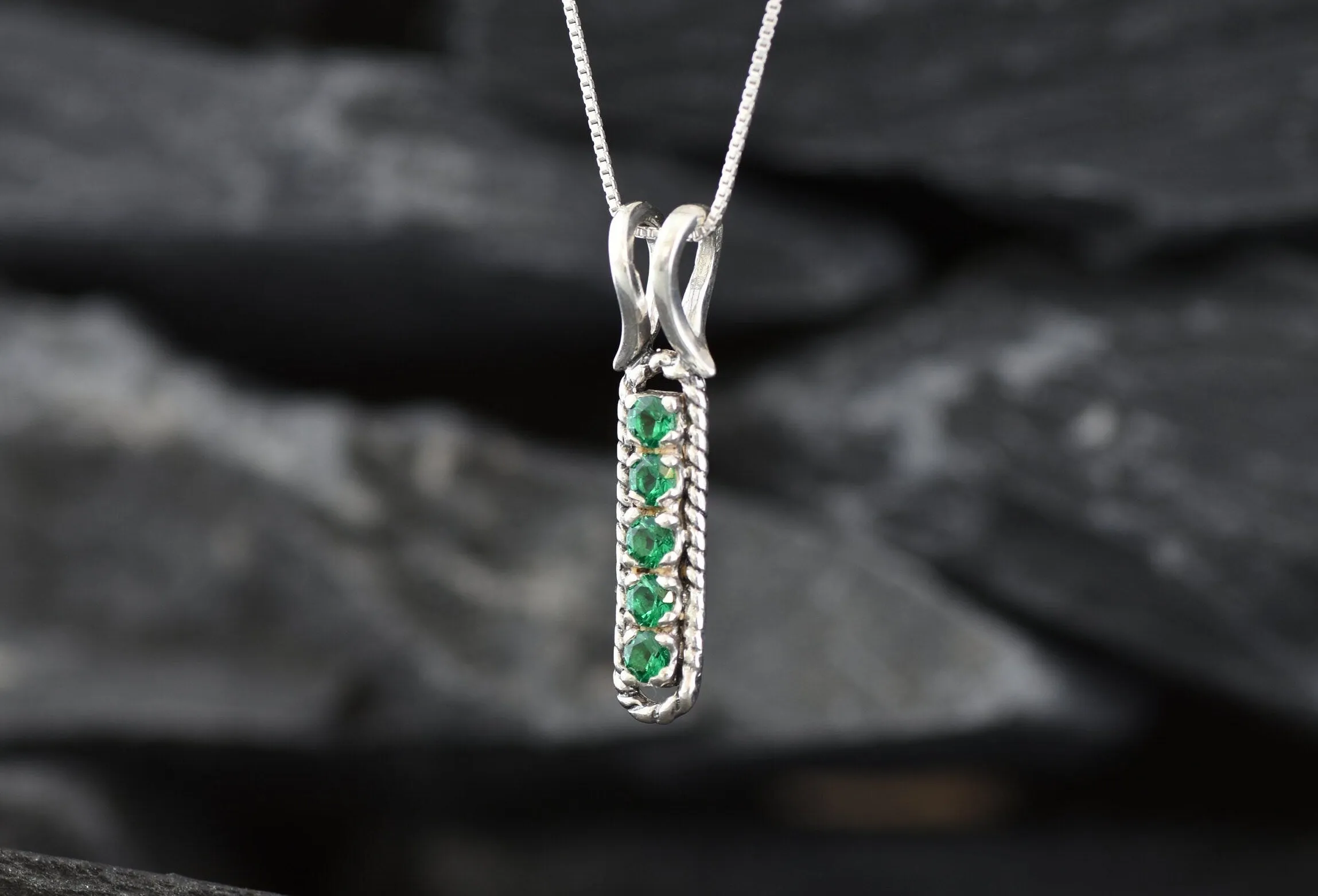 Emerald Pendant - Green Vertical Necklace - Vintage Bar Necklace
