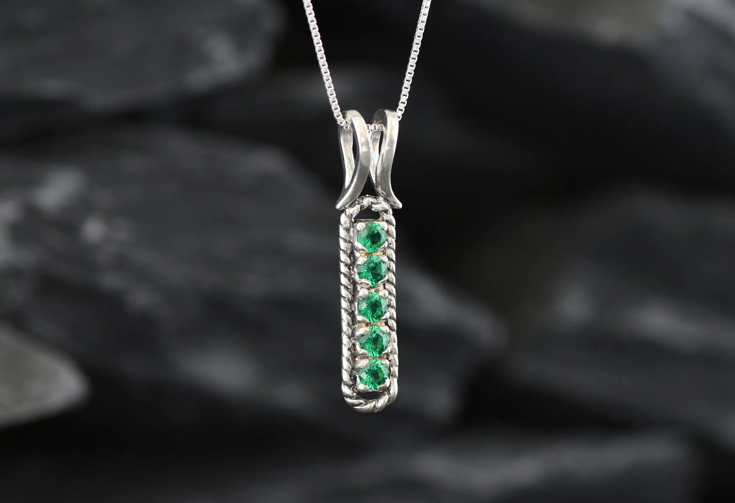 Emerald Pendant - Green Vertical Necklace - Vintage Bar Necklace