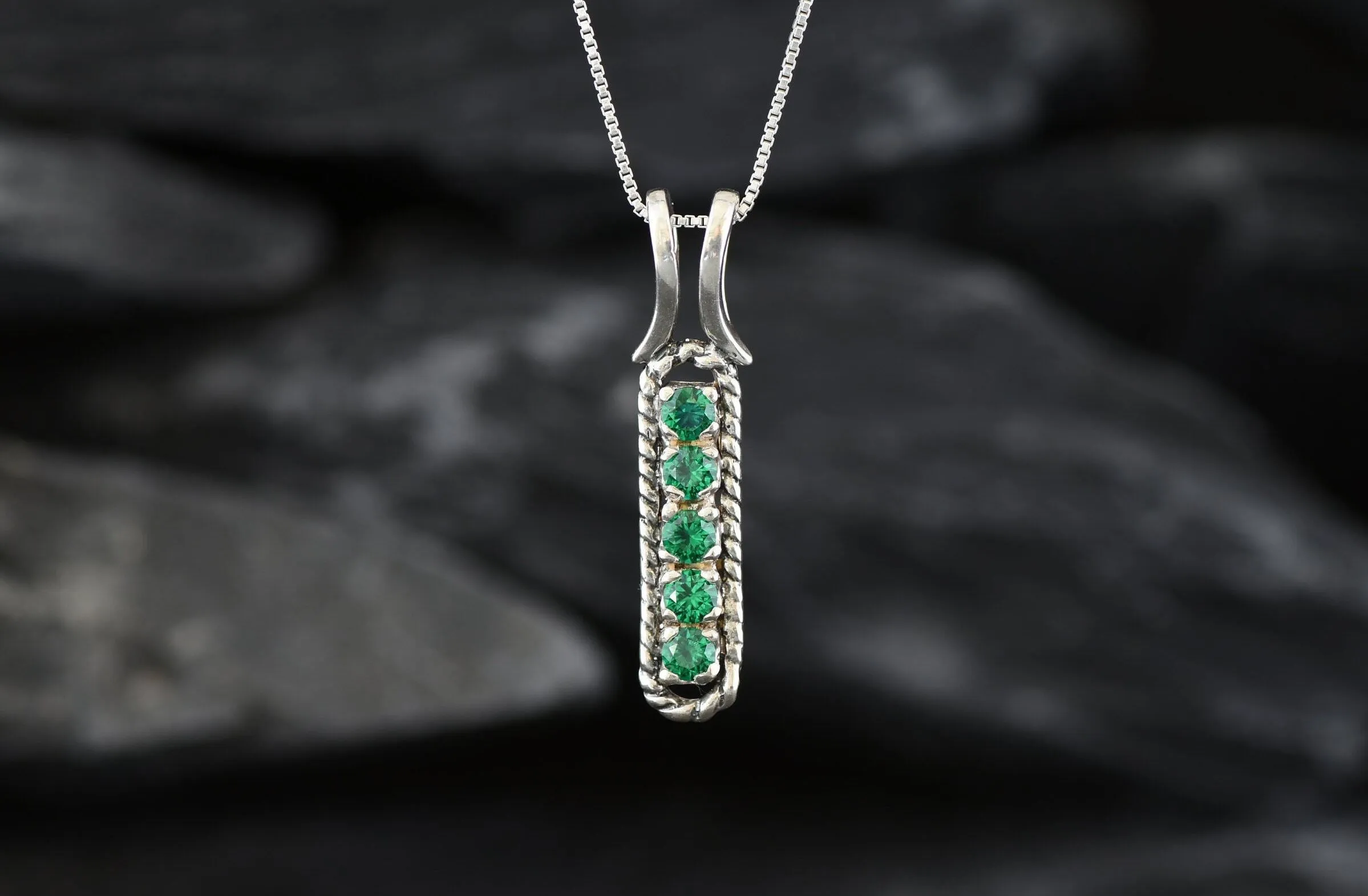 Emerald Pendant - Green Vertical Necklace - Vintage Bar Necklace