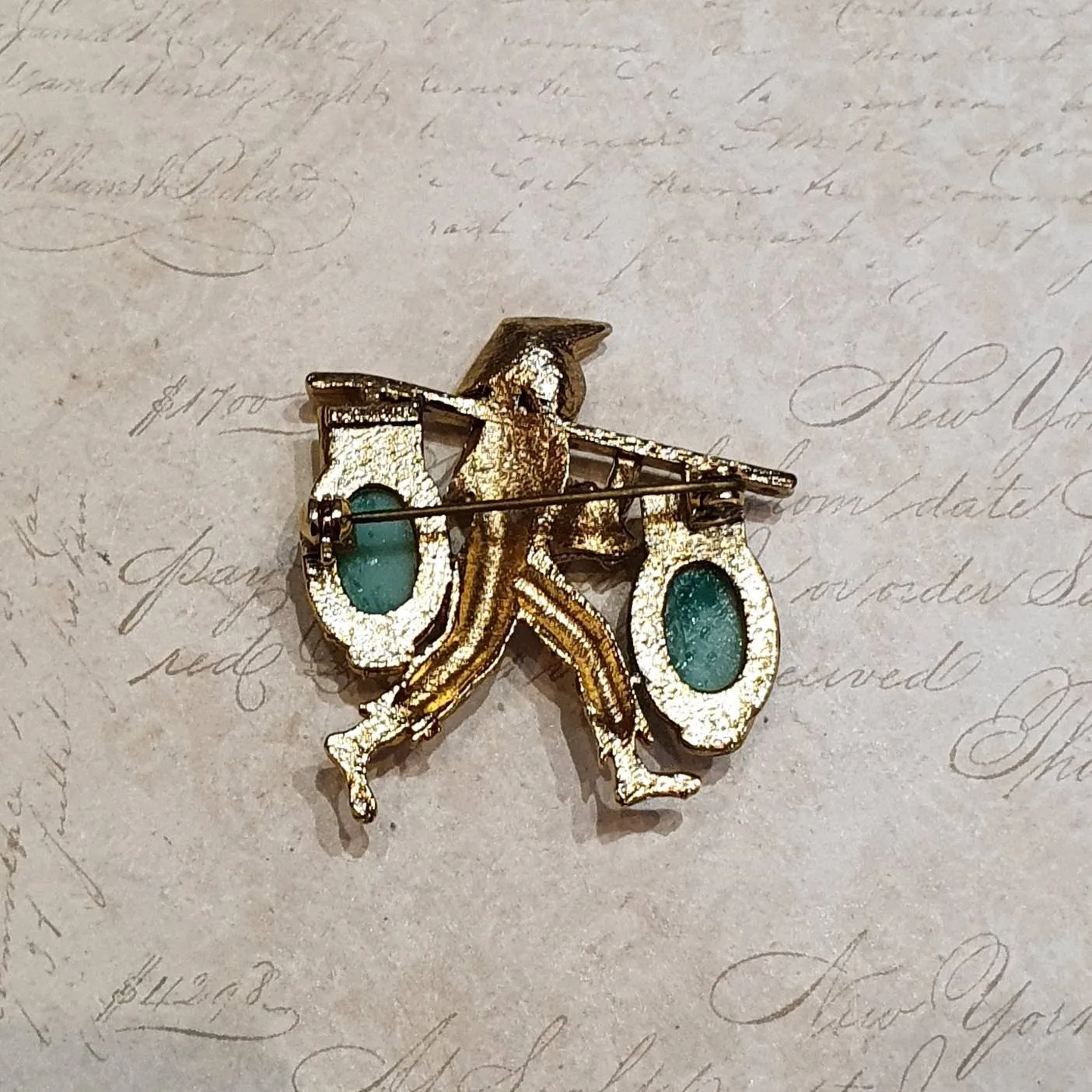 Exquisite brooch Gold Jade Green Pearl Vintage Asian Man Water Carrier