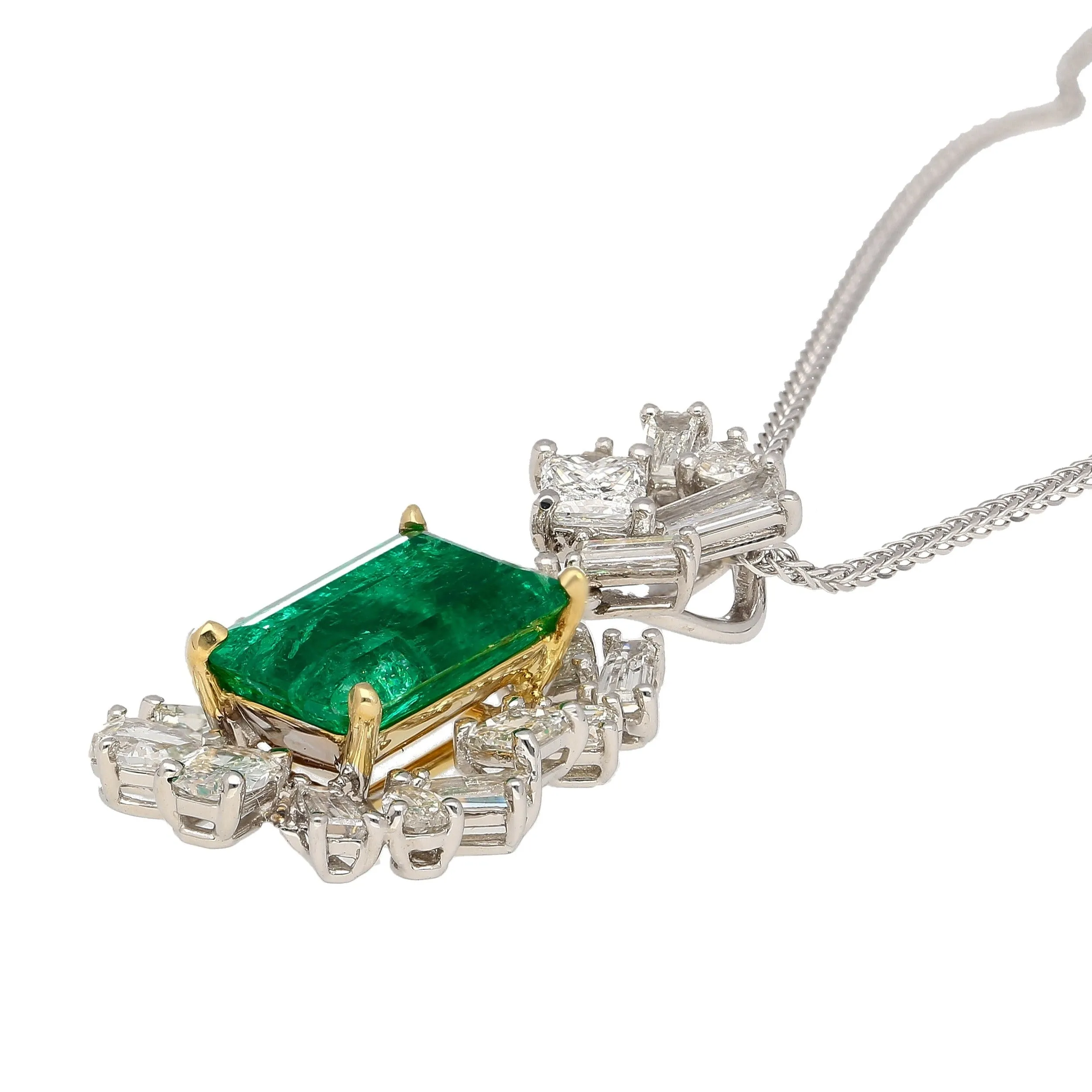 GIA & GRS Certified Natural Muzo Vivid Green Colombian Emerald Pendant Necklace with Diamonds  in 18K Gold