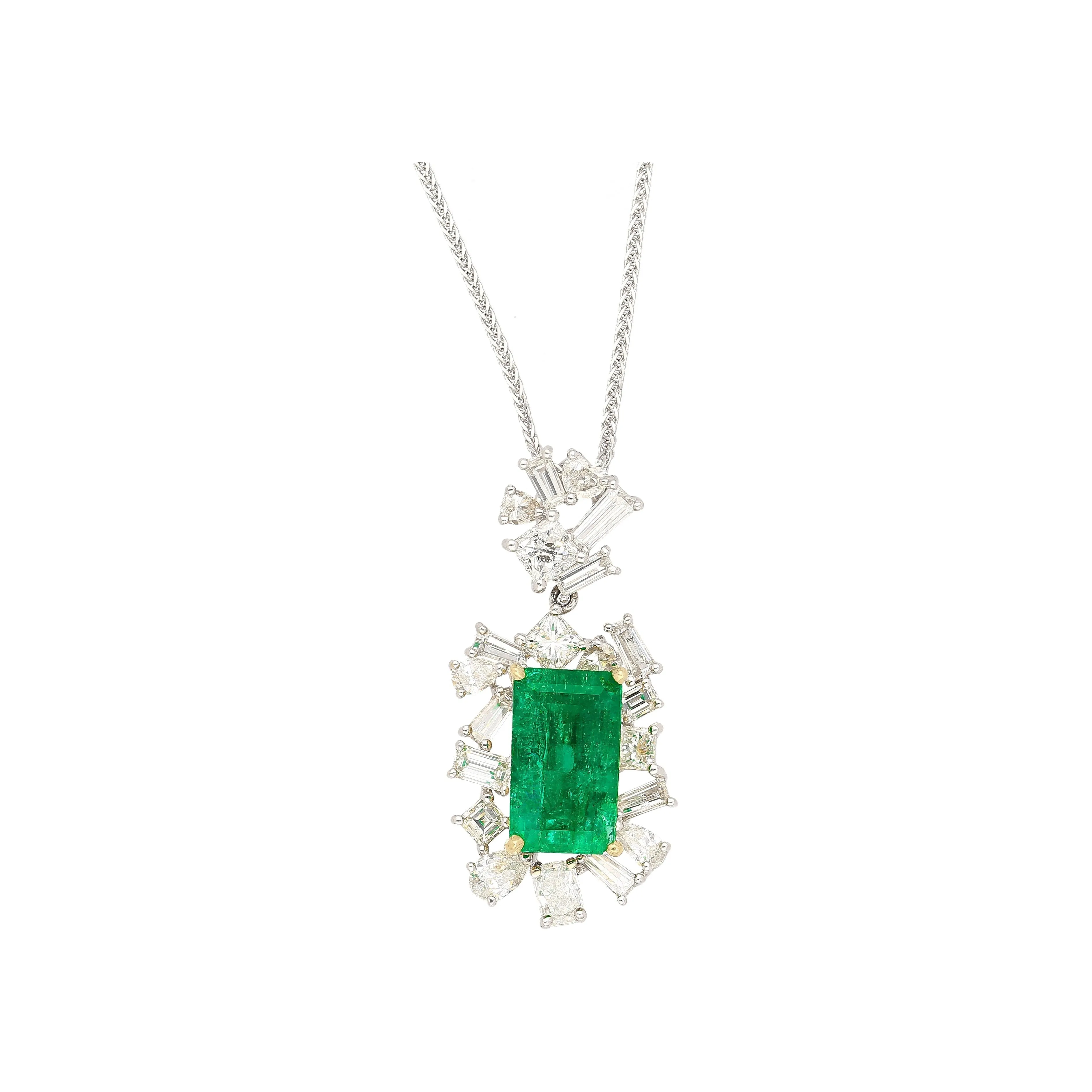 GIA & GRS Certified Natural Muzo Vivid Green Colombian Emerald Pendant Necklace with Diamonds  in 18K Gold