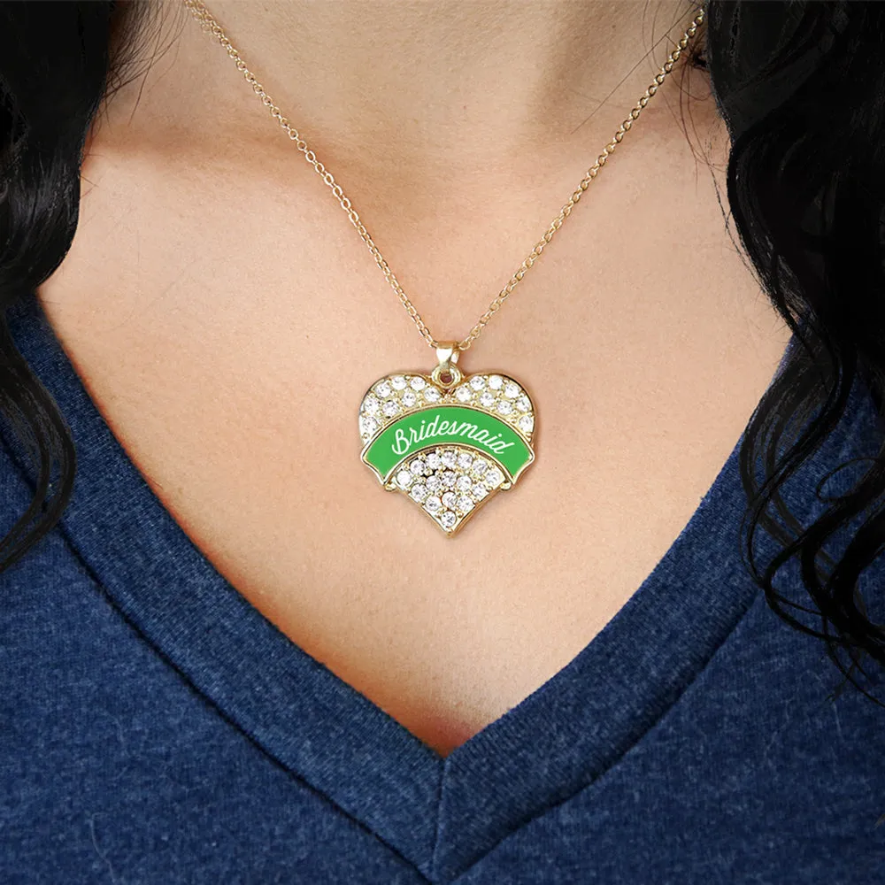 Gold Emerald Green Bridesmaid Pave Heart Charm Classic Necklace