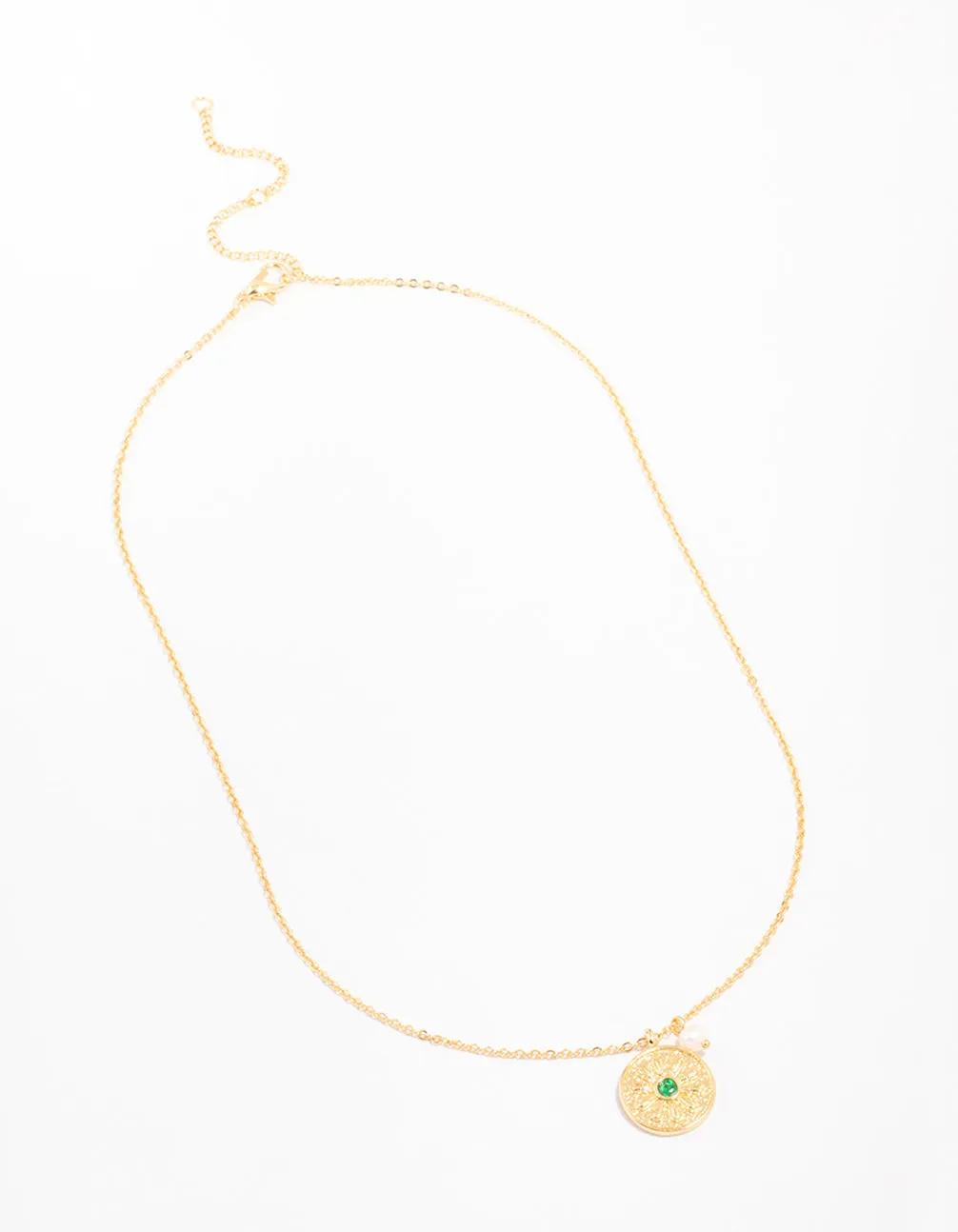 Gold Plated Emerald Coin & Freshwater Pearl Necklace