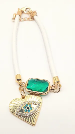 Green Gemstone with Evil Eye Adjustable Bracelet