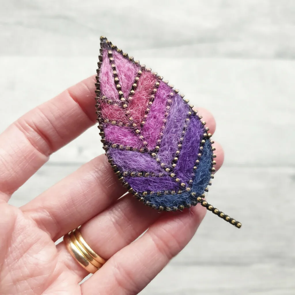 Hand Felted Leaf Brooch With Zip Edge Detail - Purple Shades
