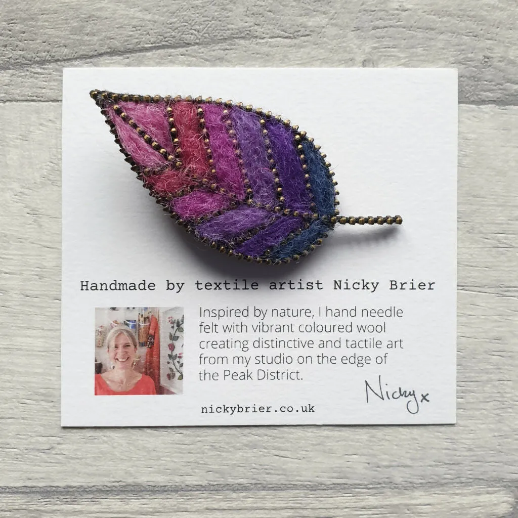 Hand Felted Leaf Brooch With Zip Edge Detail - Purple Shades