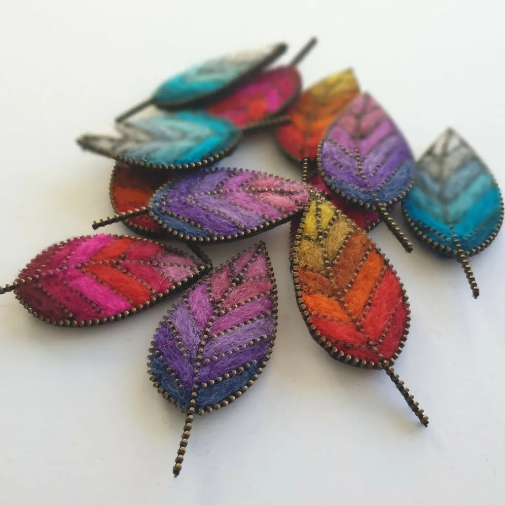 Hand Felted Leaf Brooch With Zip Edge Detail - Purple Shades