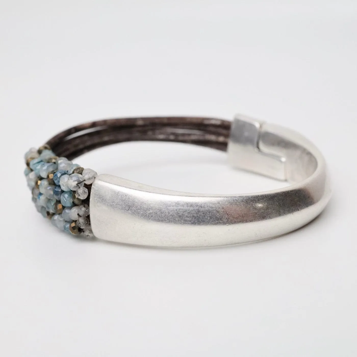 Hand Stitched Aqua Moonstone & Pyrite Half Cuff Bracelet