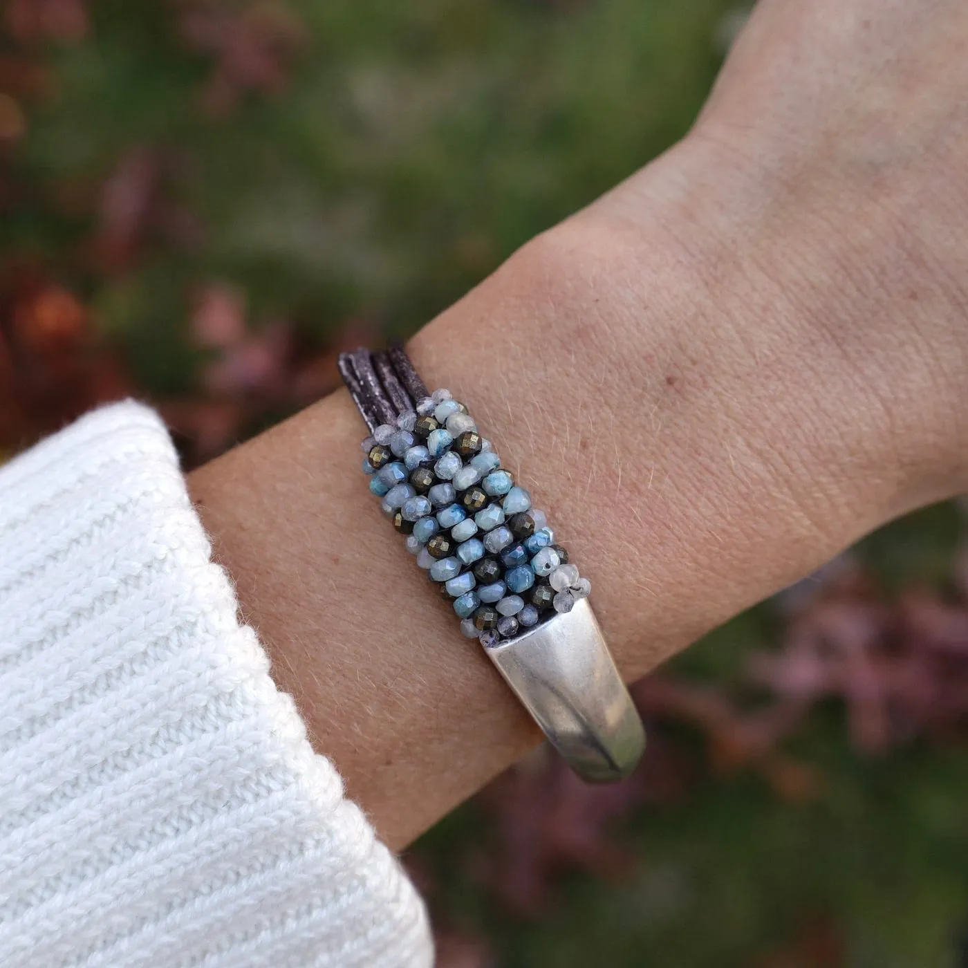 Hand Stitched Aqua Moonstone & Pyrite Half Cuff Bracelet
