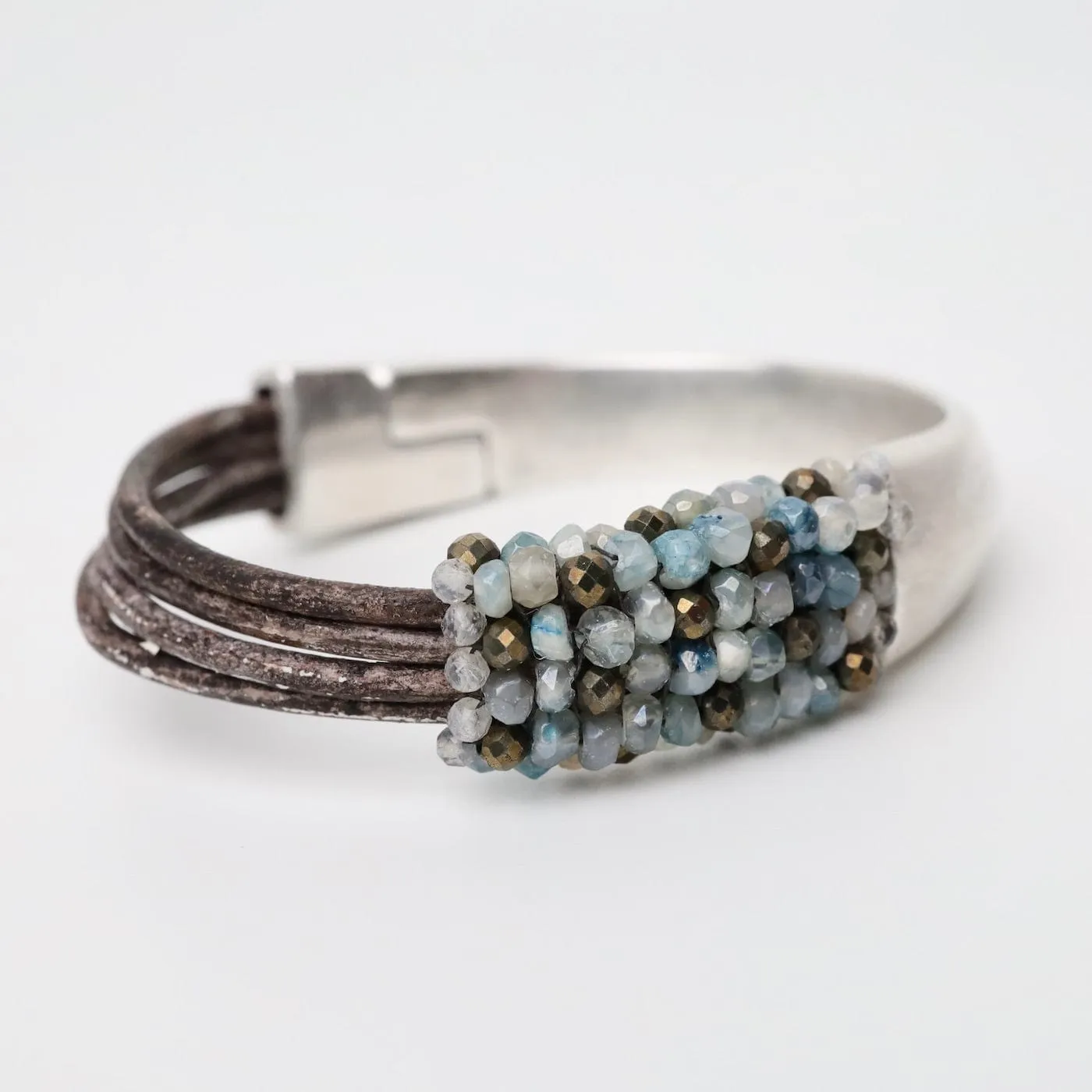 Hand Stitched Aqua Moonstone & Pyrite Half Cuff Bracelet