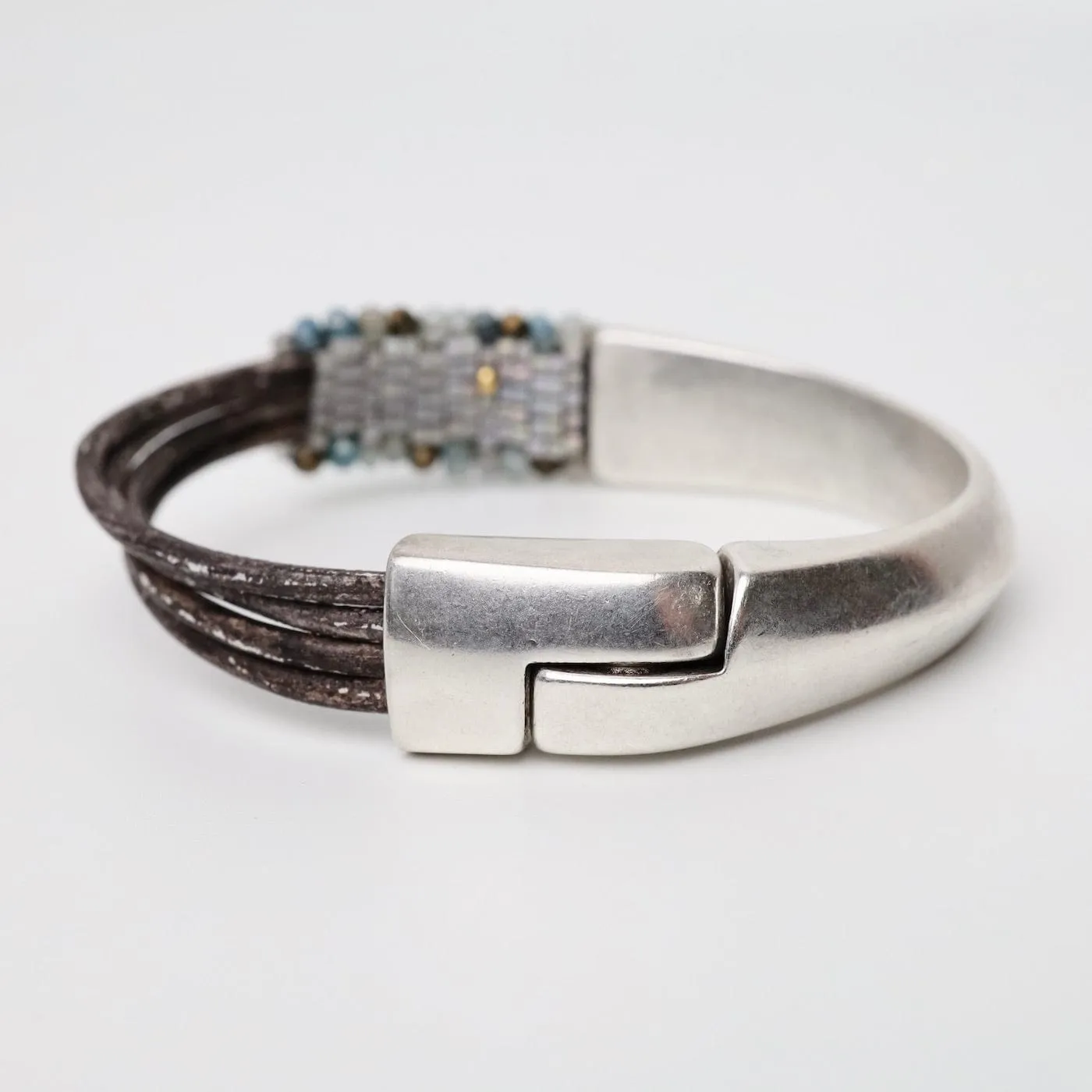 Hand Stitched Aqua Moonstone & Pyrite Half Cuff Bracelet