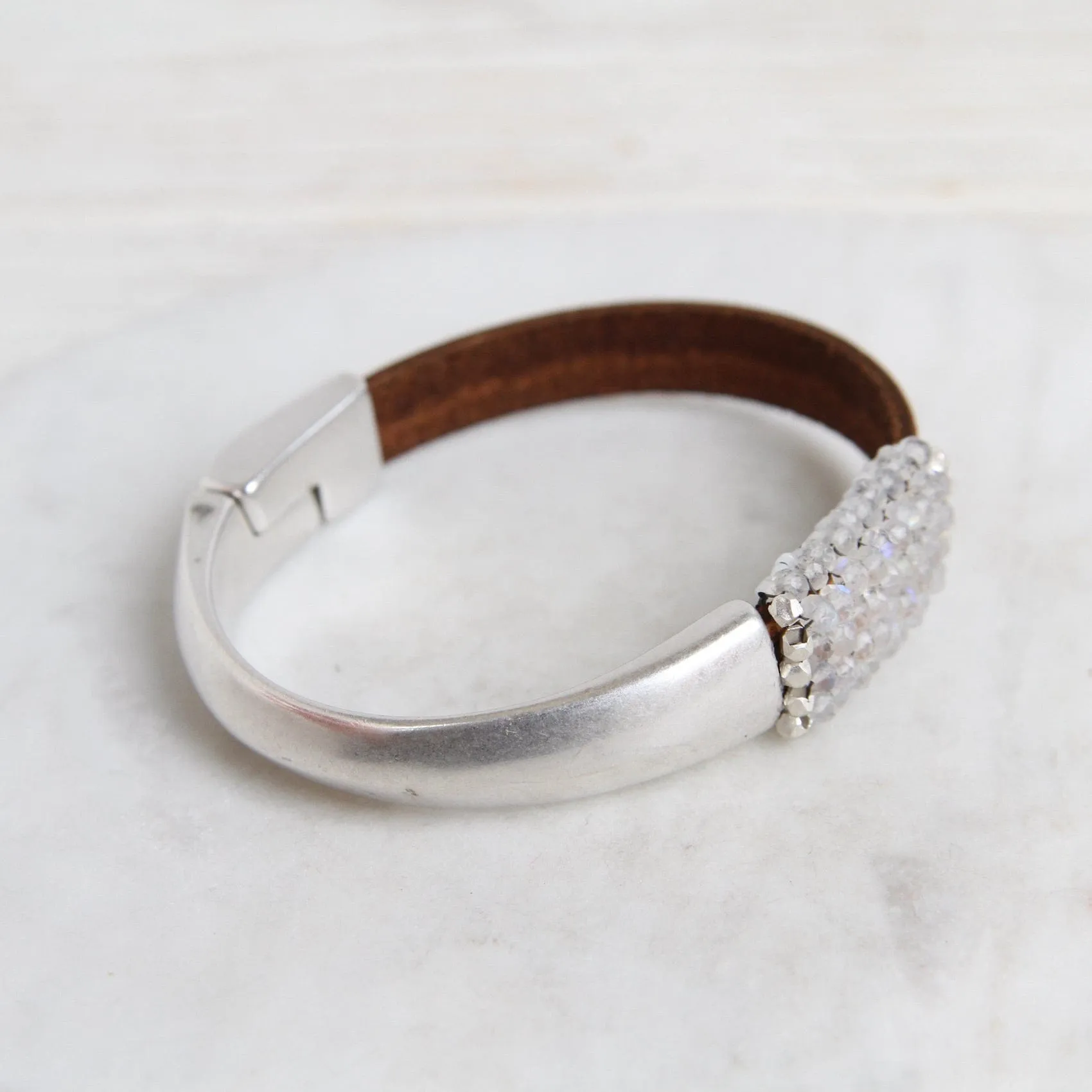 Hand Stitched Moonstone with Sterling Silver Trim 1/2 Cuff Bracelet