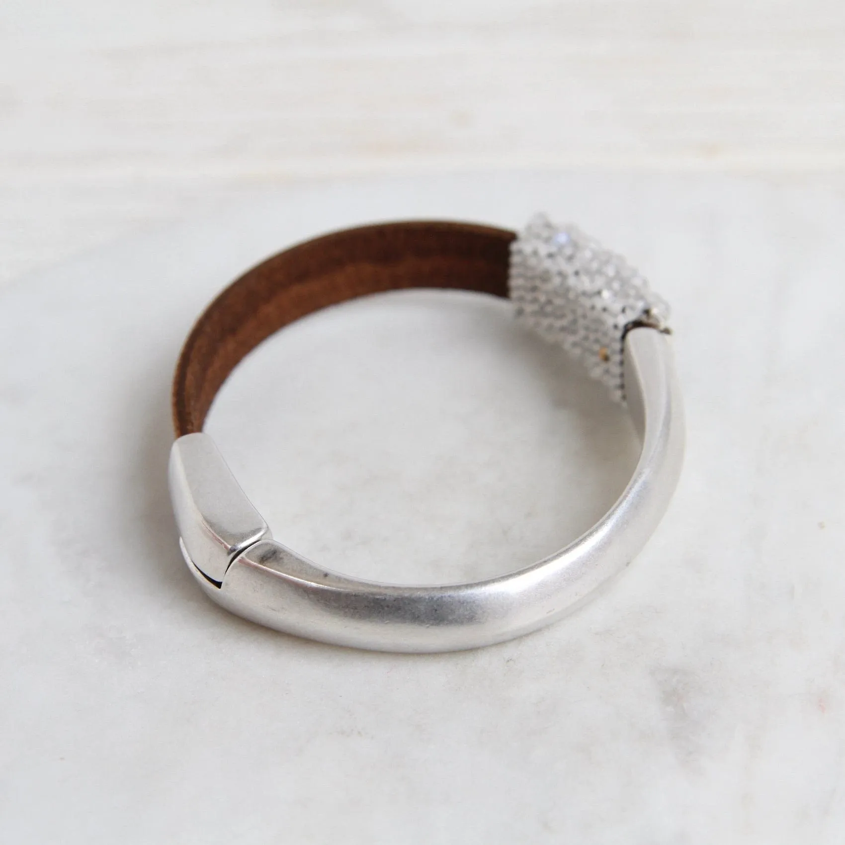 Hand Stitched Moonstone with Sterling Silver Trim 1/2 Cuff Bracelet