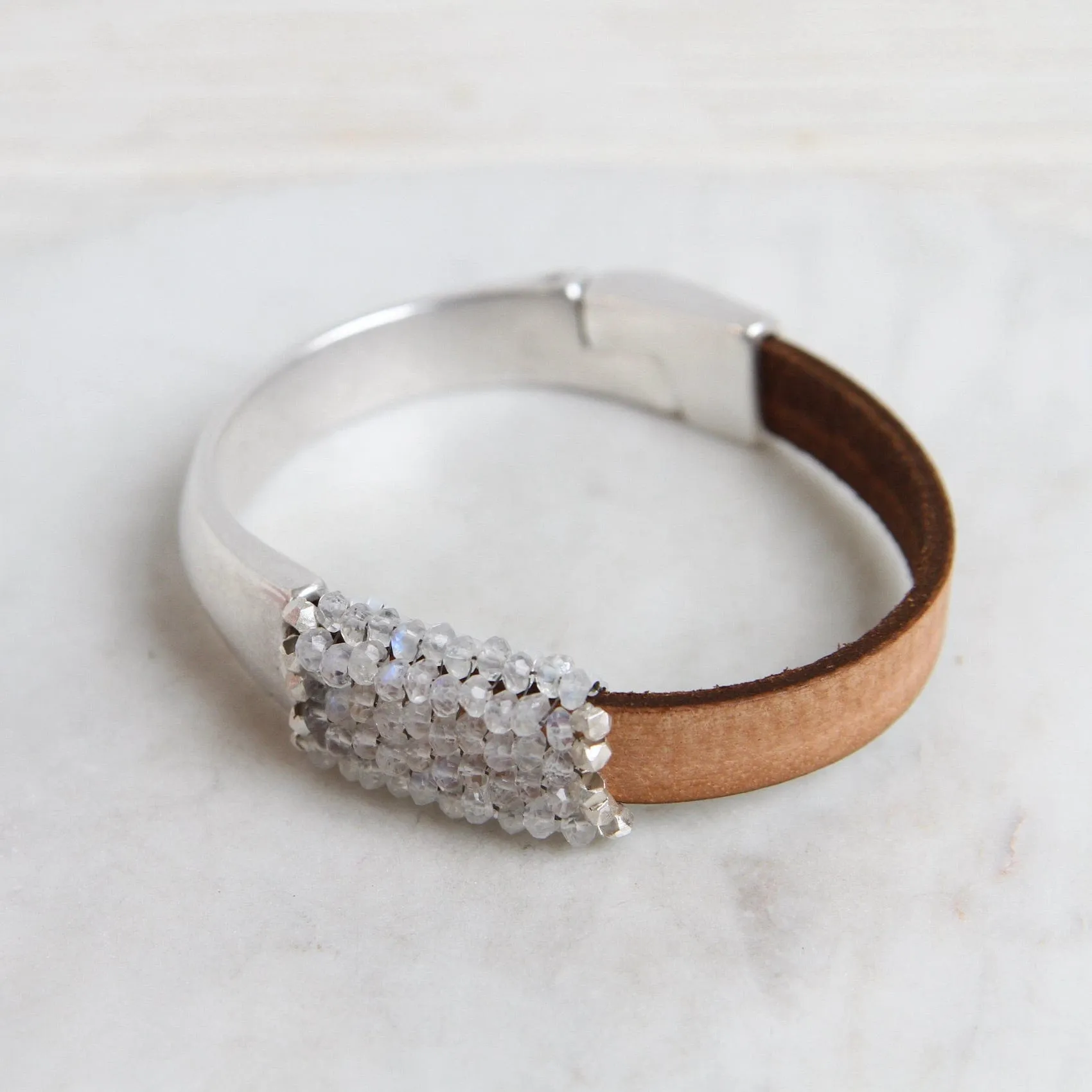 Hand Stitched Moonstone with Sterling Silver Trim 1/2 Cuff Bracelet