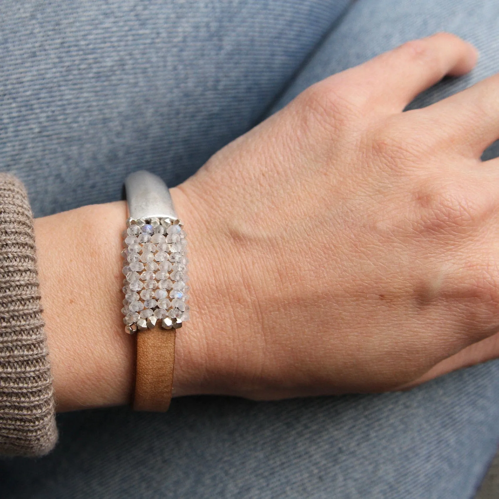 Hand Stitched Moonstone with Sterling Silver Trim 1/2 Cuff Bracelet