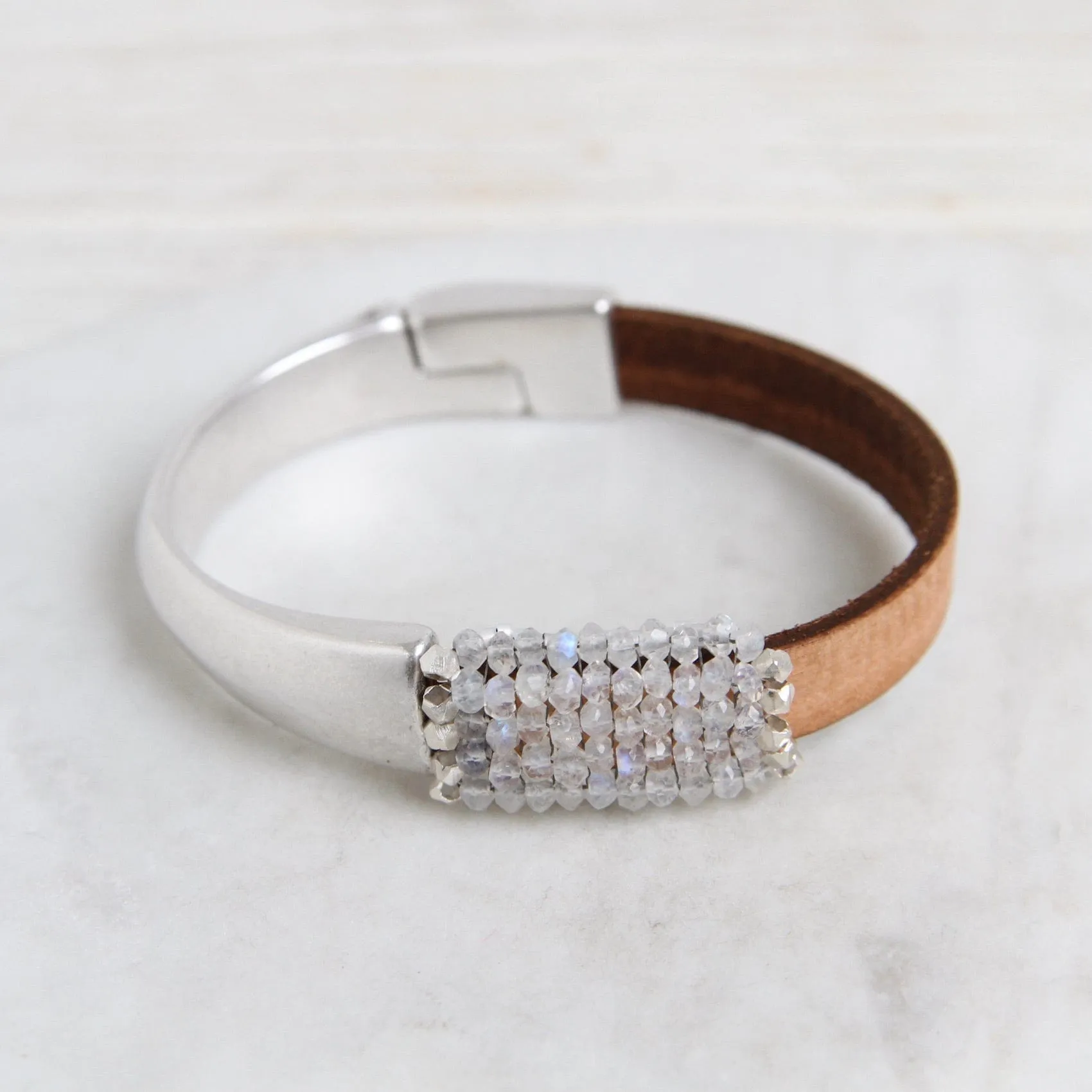 Hand Stitched Moonstone with Sterling Silver Trim 1/2 Cuff Bracelet