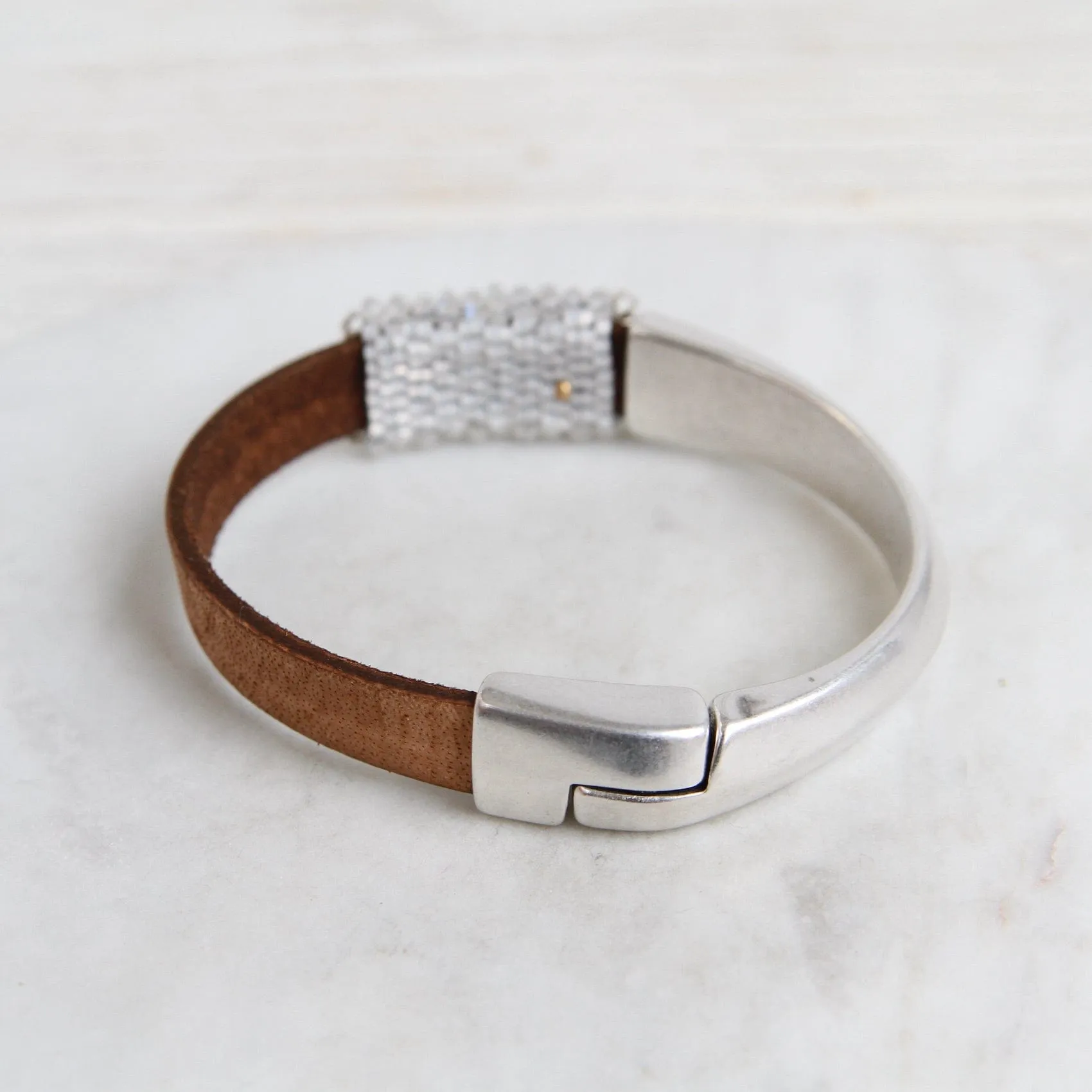 Hand Stitched Moonstone with Sterling Silver Trim 1/2 Cuff Bracelet