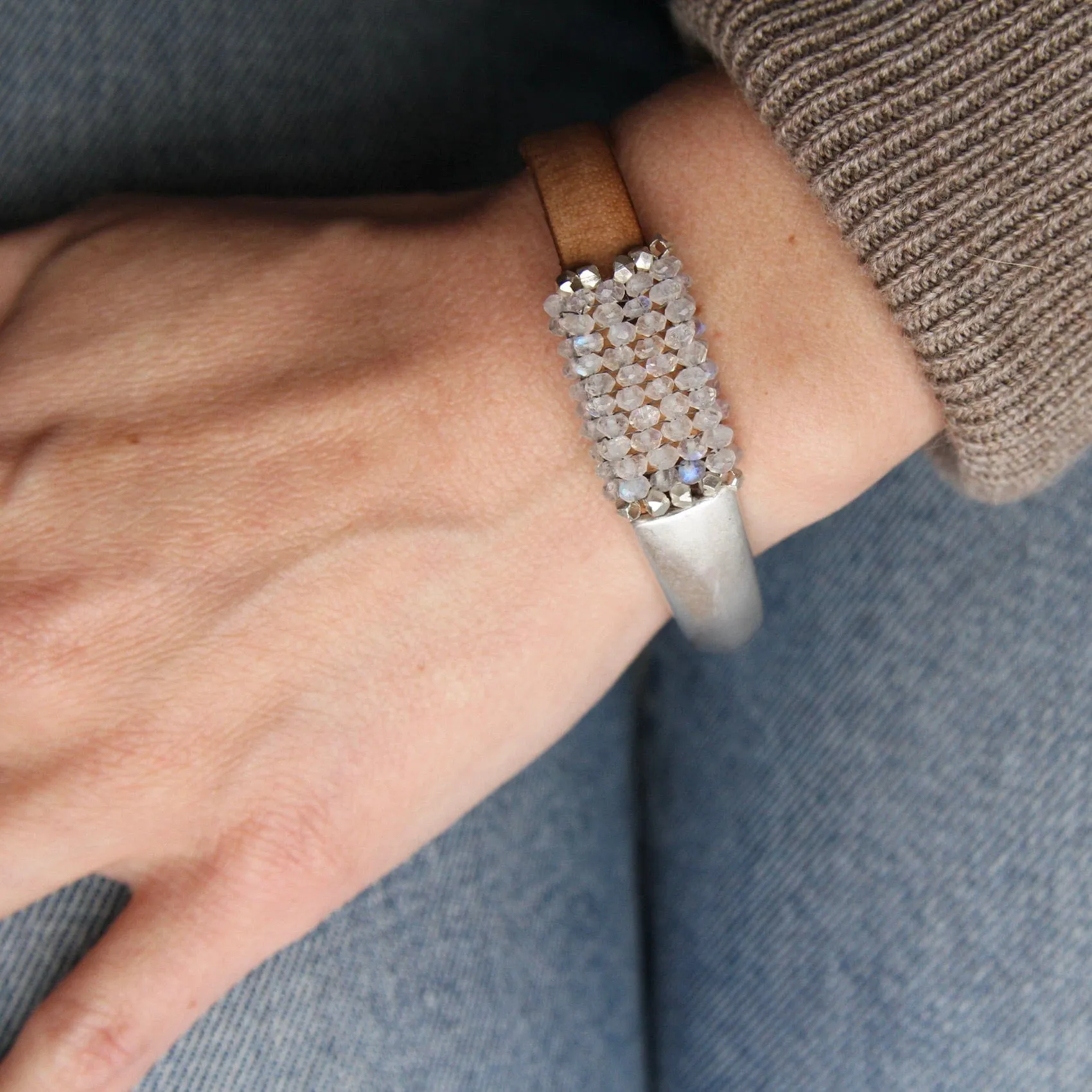 Hand Stitched Moonstone with Sterling Silver Trim 1/2 Cuff Bracelet