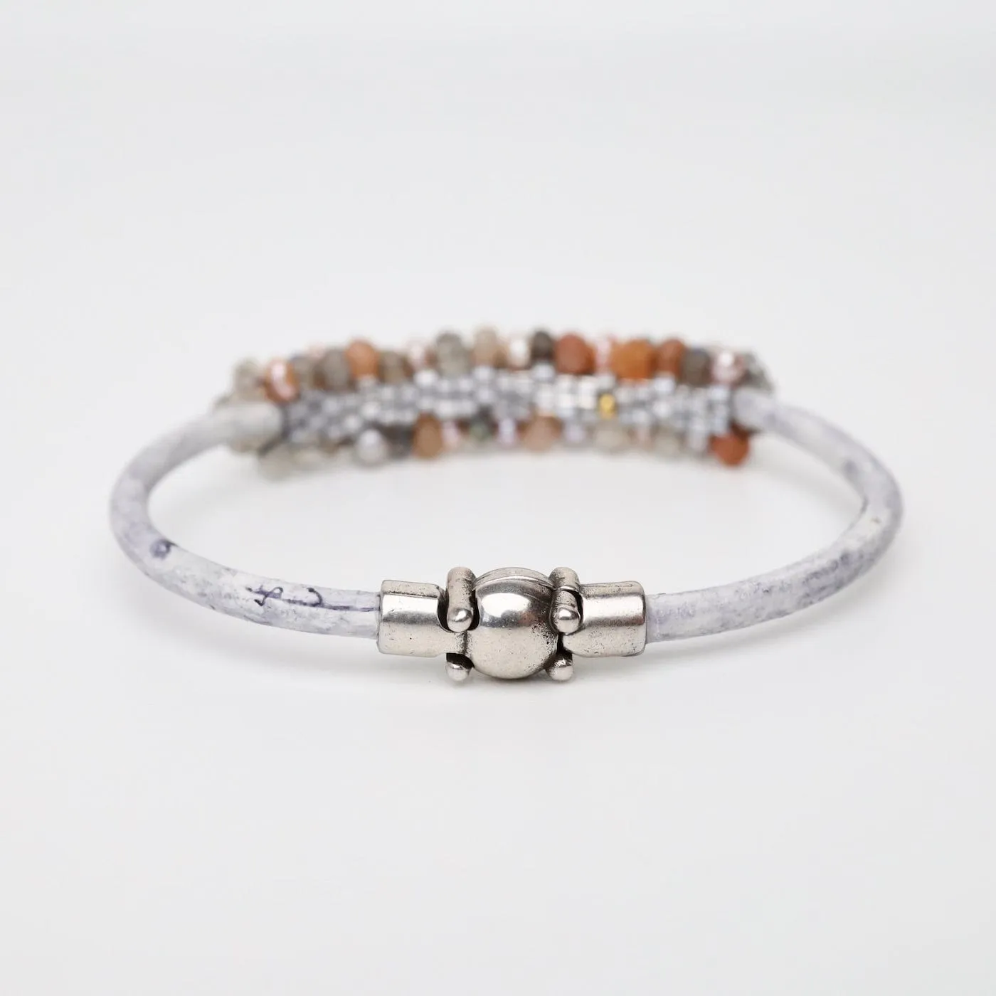 Hand Stitched Peach Moonstone, Grey & Peach Pearls Leather Bracelet