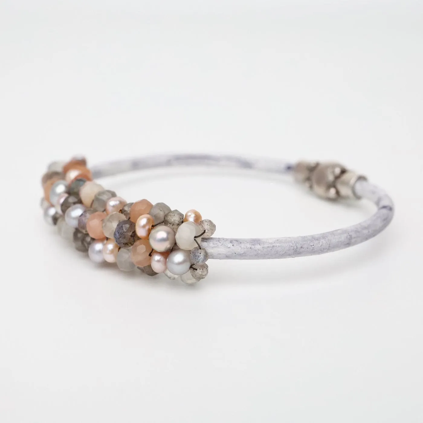 Hand Stitched Peach Moonstone, Grey & Peach Pearls Leather Bracelet