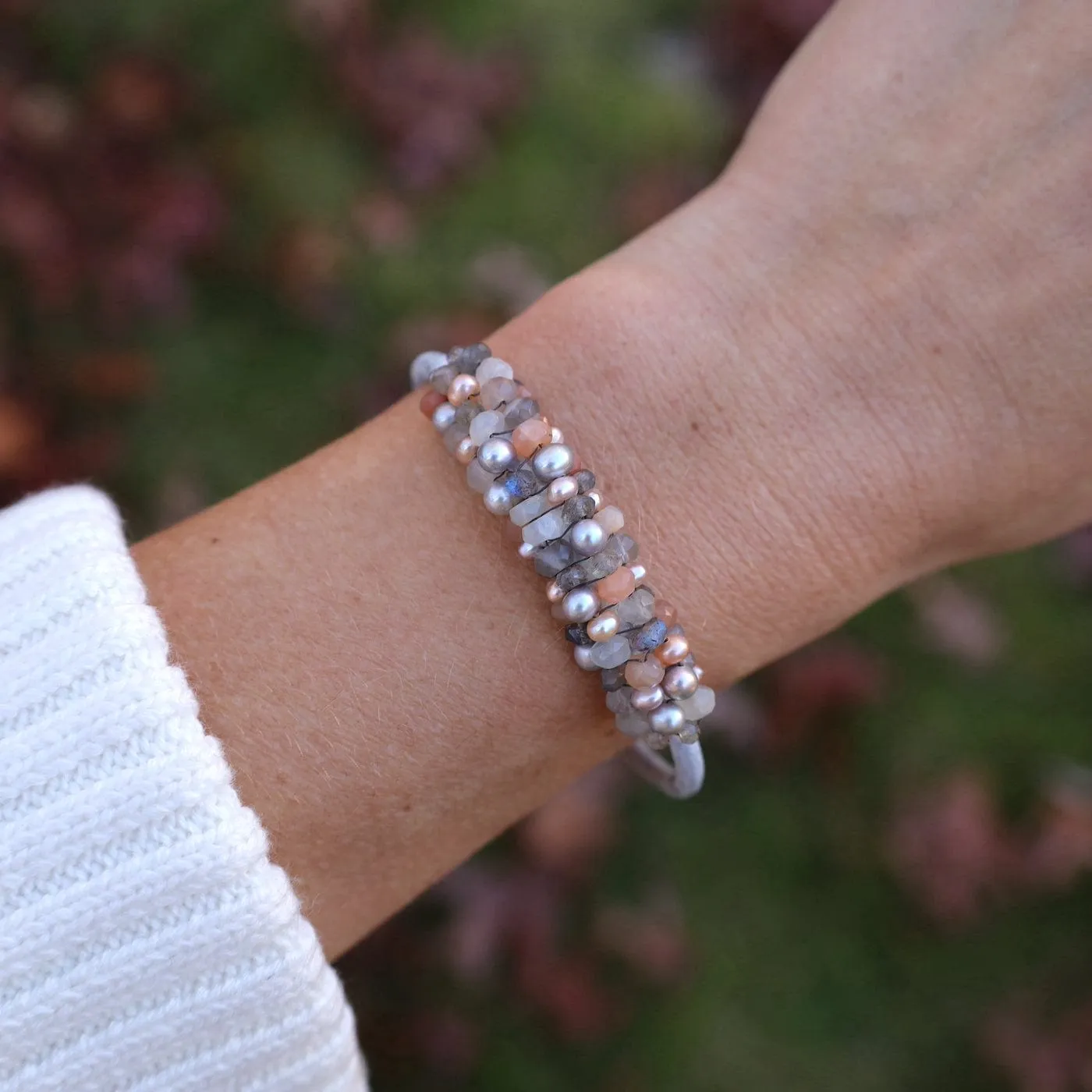 Hand Stitched Peach Moonstone, Grey & Peach Pearls Leather Bracelet