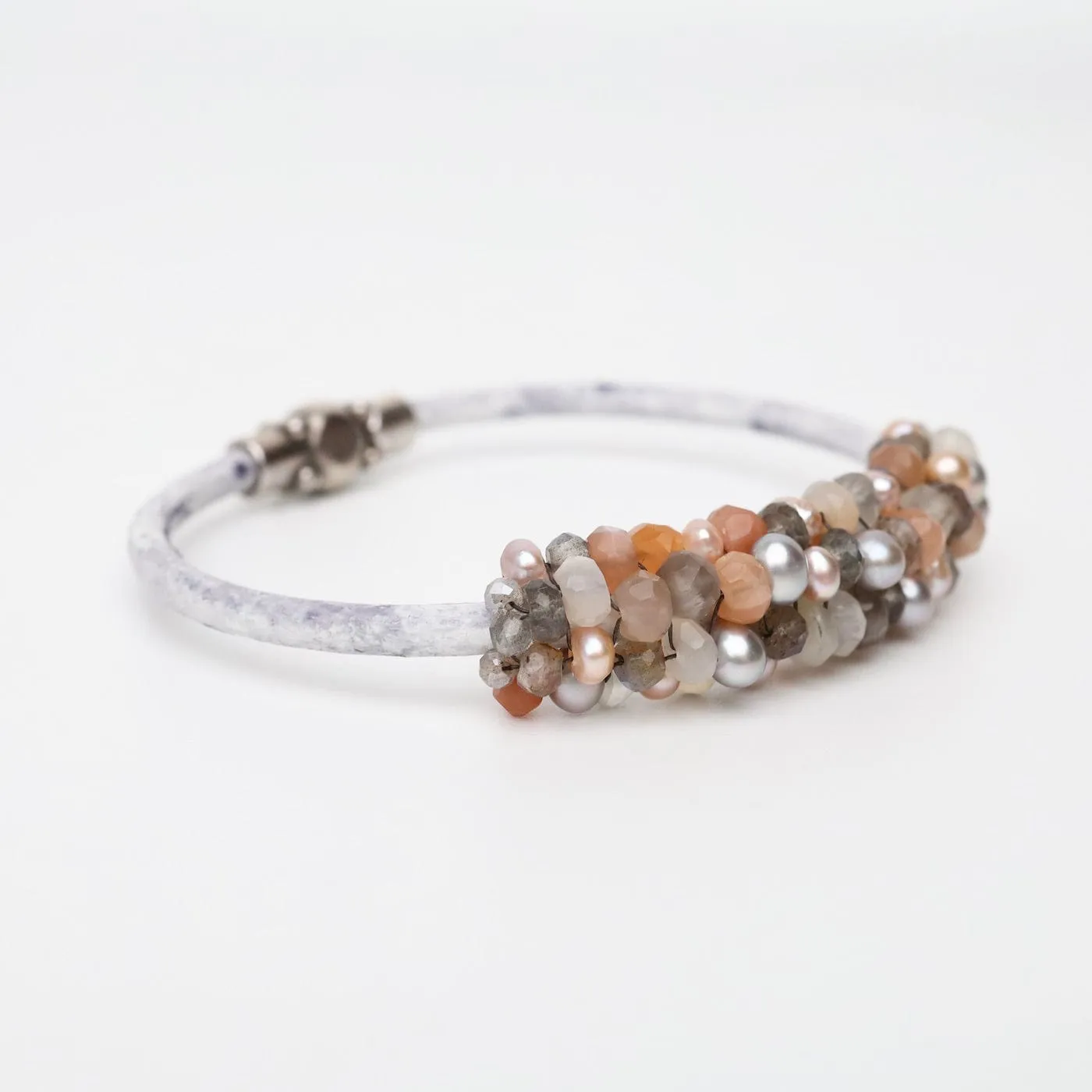 Hand Stitched Peach Moonstone, Grey & Peach Pearls Leather Bracelet