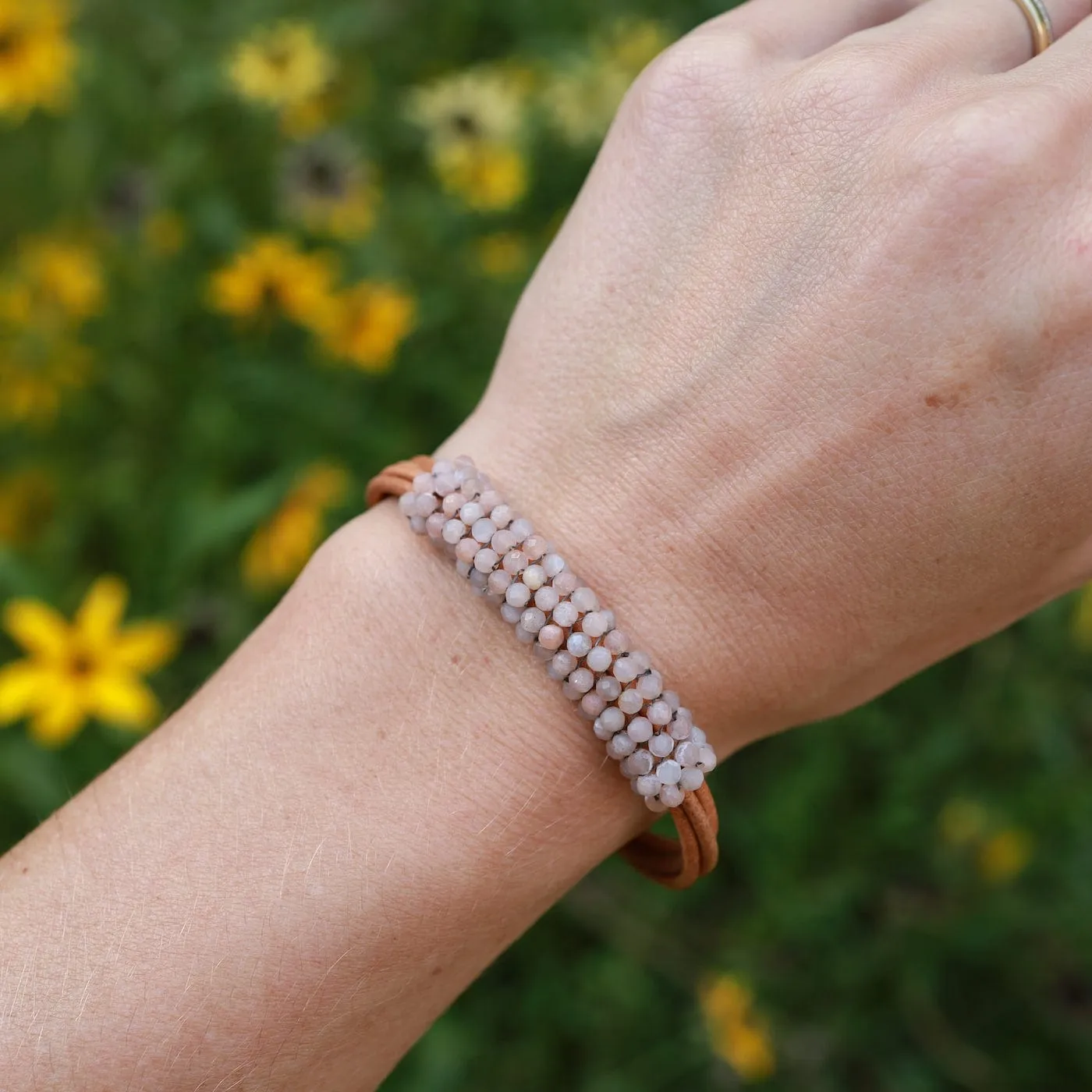 Hand Stitched Shaded Peach Moonstone Multi-Strand Bracelet