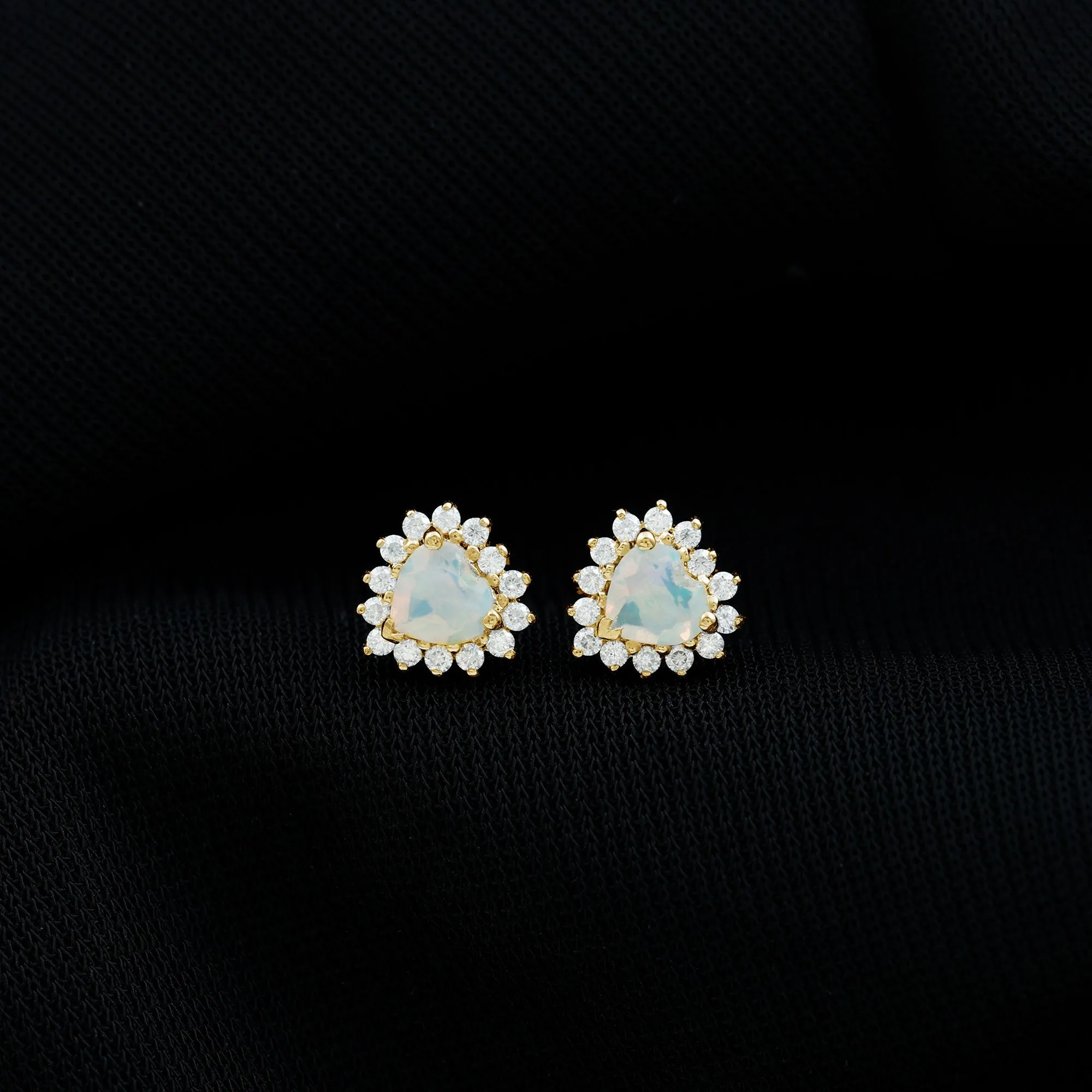 Heart Shape Ethiopian Opal Stud Earrings with Moissanite Halo