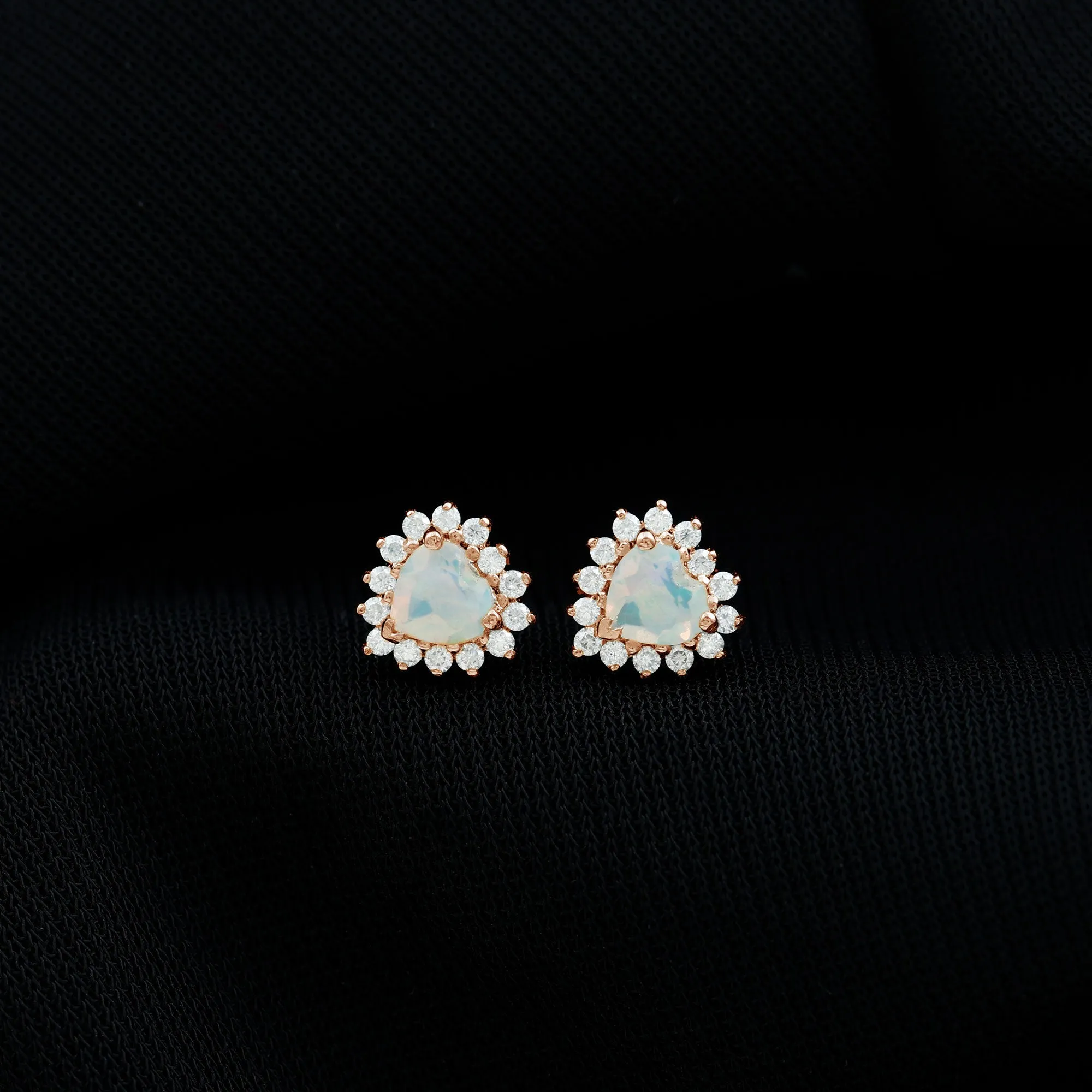 Heart Shape Ethiopian Opal Stud Earrings with Moissanite Halo