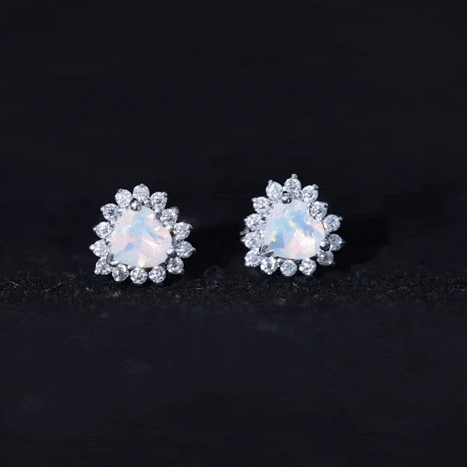 Heart Shape Ethiopian Opal Stud Earrings with Moissanite Halo