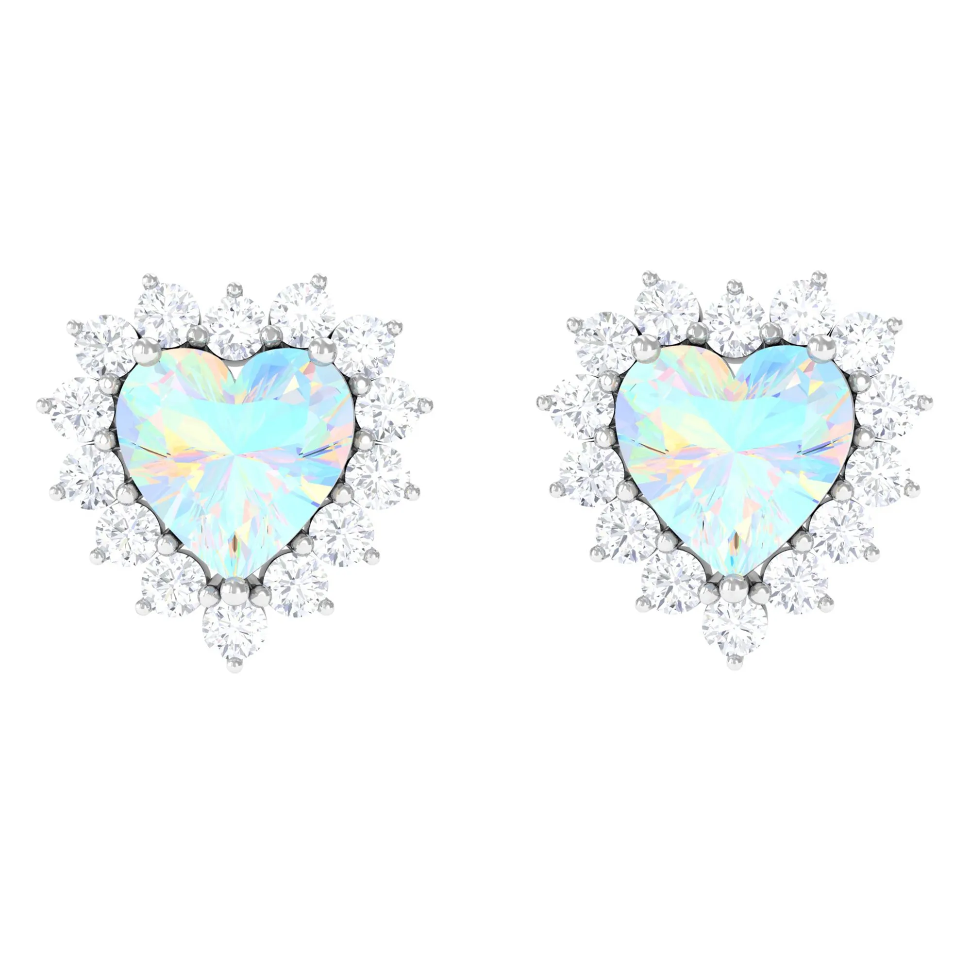 Heart Shape Ethiopian Opal Stud Earrings with Moissanite Halo