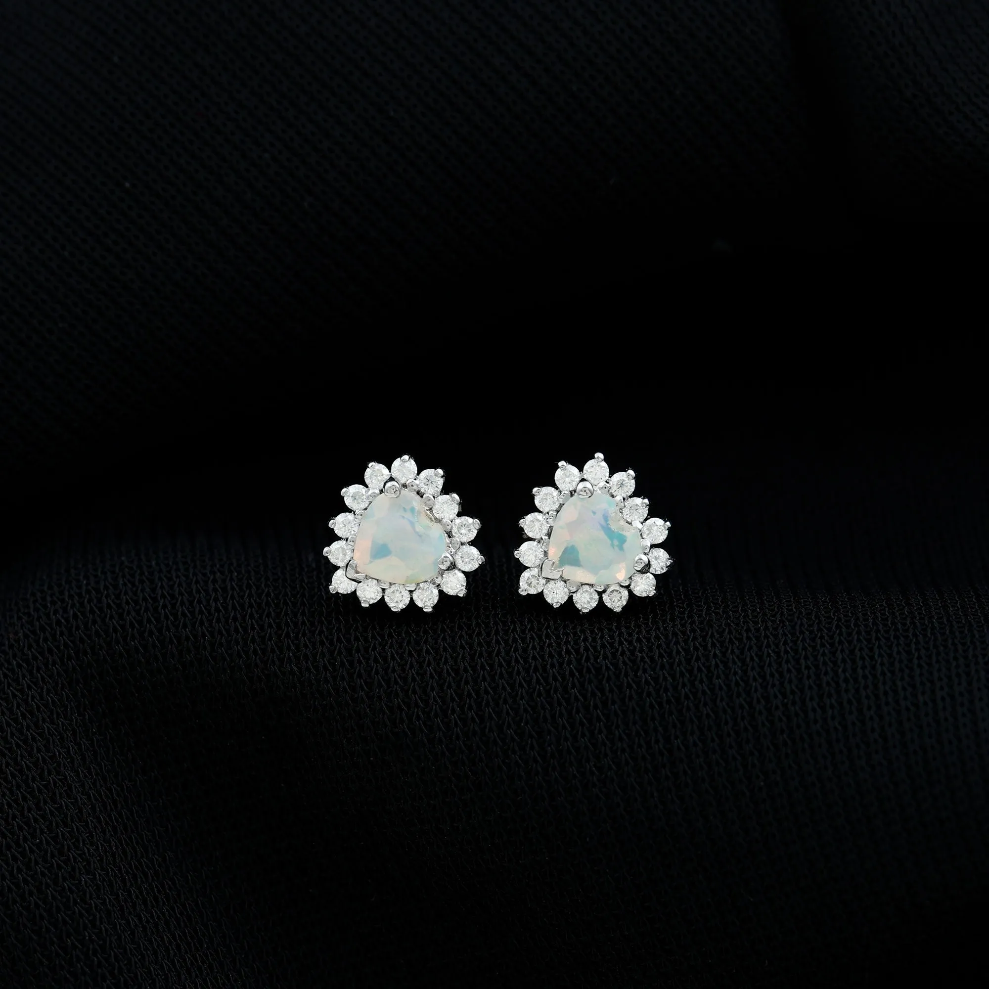 Heart Shape Ethiopian Opal Stud Earrings with Moissanite Halo