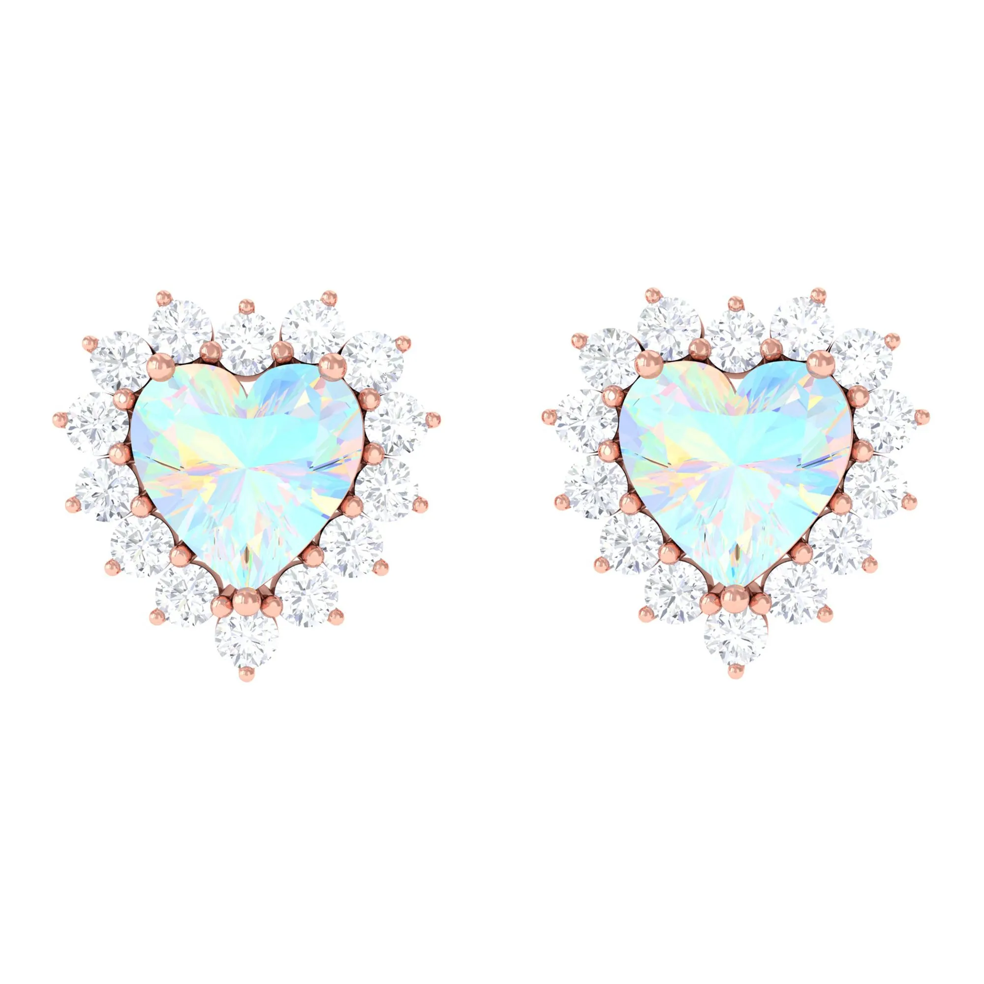 Heart Shape Ethiopian Opal Stud Earrings with Moissanite Halo
