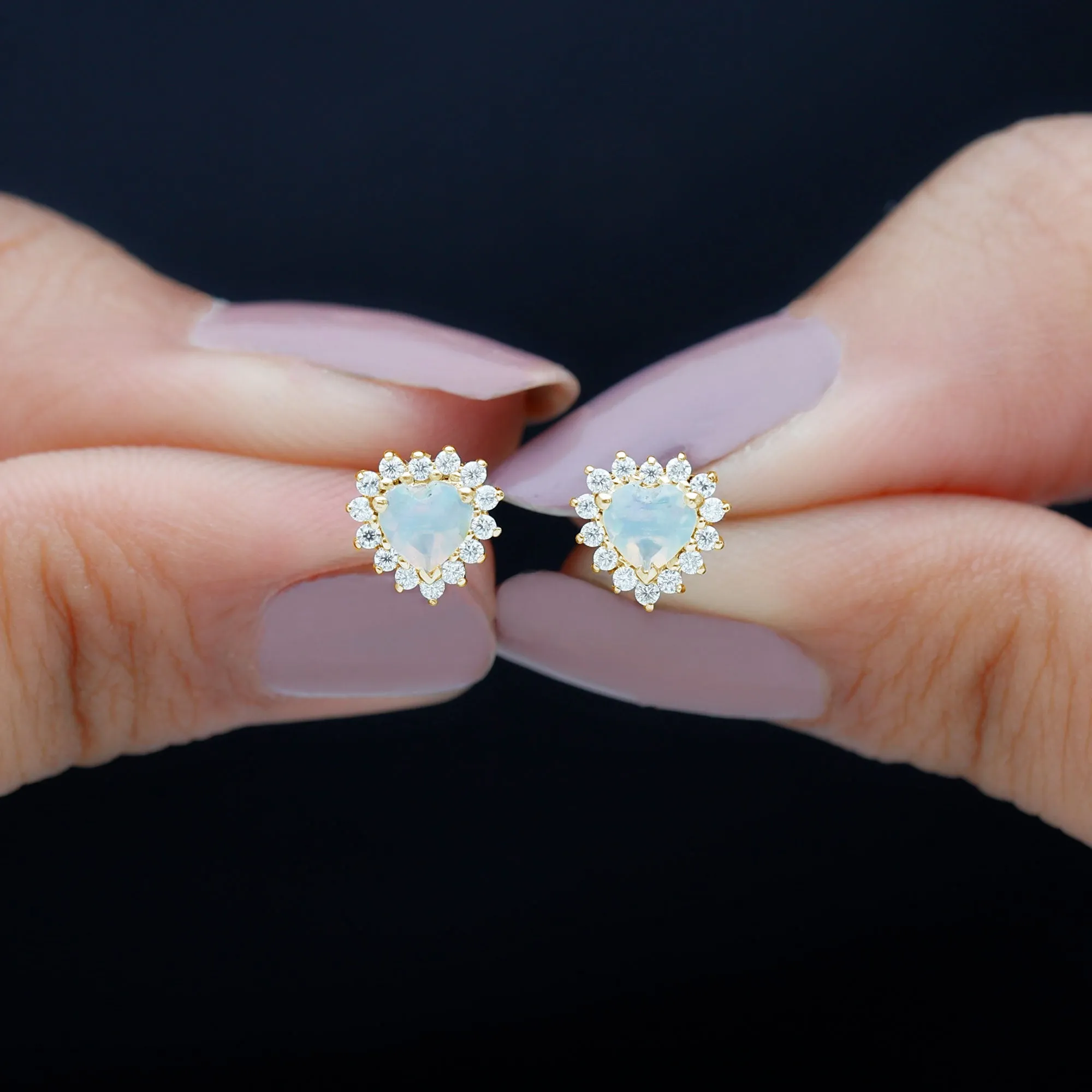 Heart Shape Ethiopian Opal Stud Earrings with Moissanite Halo